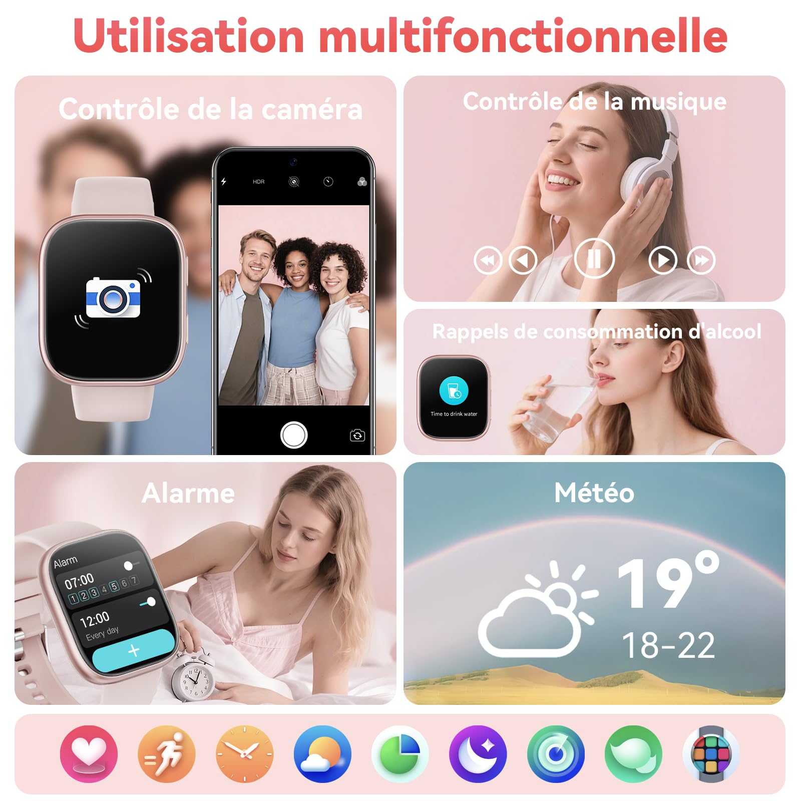 Mingtawn Montre Connectée Femme Homme avec Appel Bluetooth, 1.83'' HD Smartwatch pour 100+ Modes Sportifs, Fréquence Cardiaque, Sommeil, SpO2, IP68 Etanche Fitness Tracker pour iOS Android（Rose）