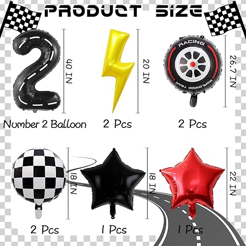 Miniatura 2 de 9 globos de auto de carreras de 40 pulgadas, globos de circuito número 2, globos grandes de aluminio con rayo para decoración de fiesta temática