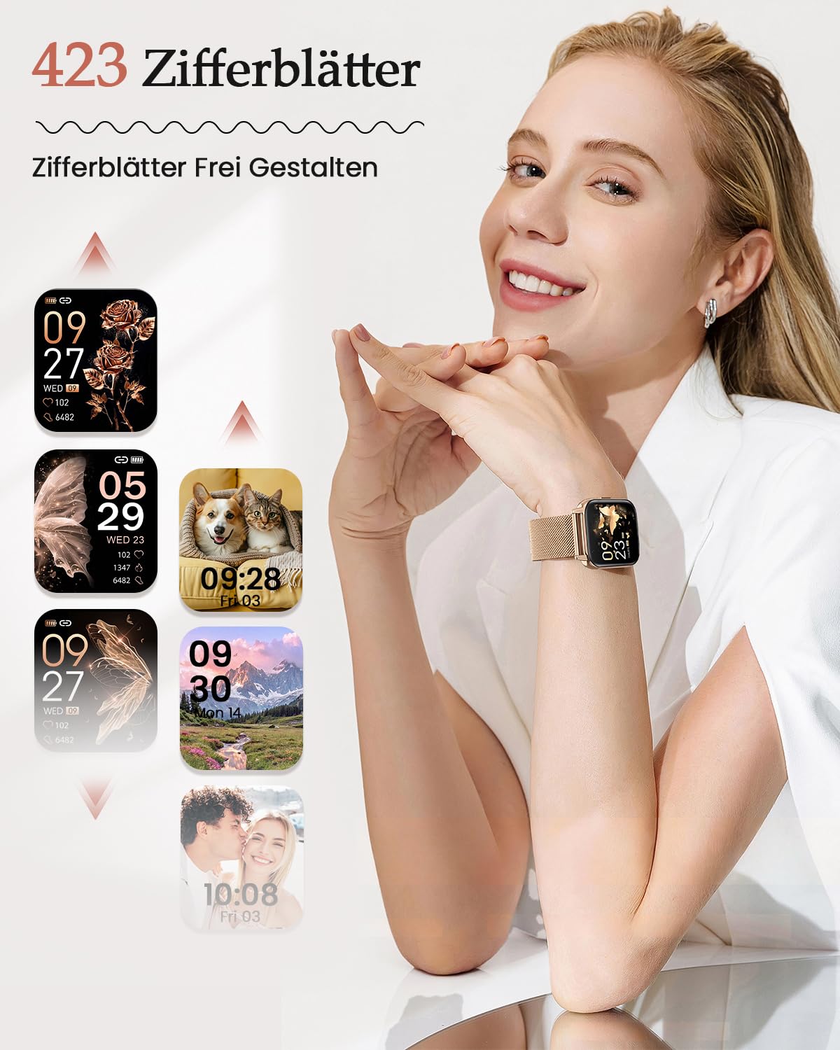 2026 Neues Smartwatch Damen, 1.85"AMOLED Fitness Tracker mit Telefonfunktion Menstruationszyklus Herzfrequenz Schlafmonitor SpO2 113+Sportmodi Sportuhr 5ATM Schrittzähler Kalorien iOS Android Roségold