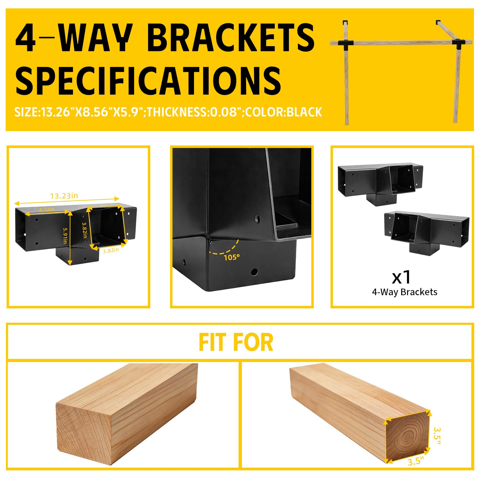 Kit di staffe inclinate per tetto pergolato, confezione da 2, staffe angolari a 4 vie a 15 gradi ad angolo retto per legname da 4 x 4 (attuale: 8,9 x 8,9 cm) per padiglioni, gazebo, portici