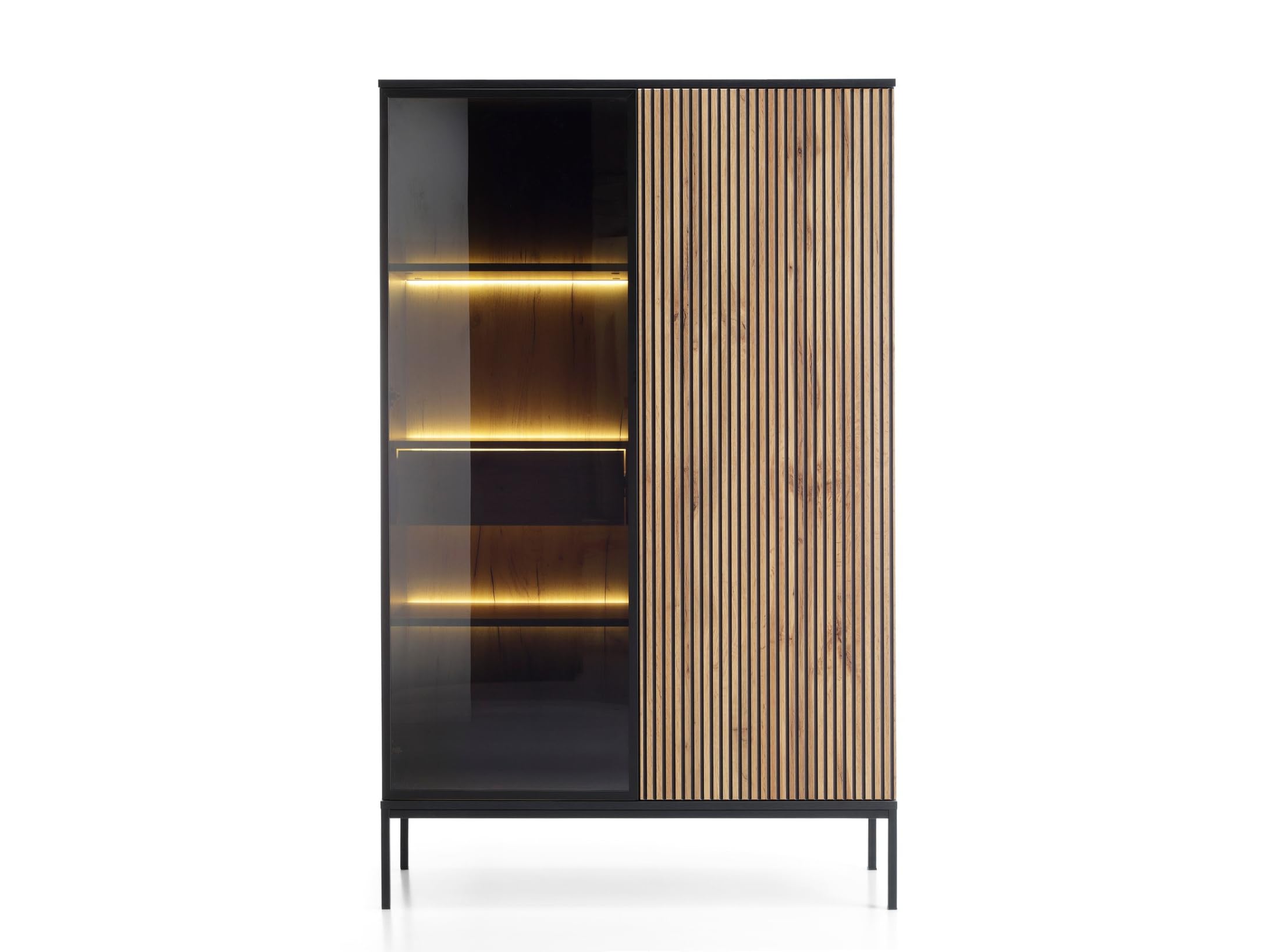 Daveno Vitrinenschrank 100 cm, Glasvitrine Stehend - Highboard, Vitrine, Glasvitrine Schwarz mit LED und Lamellen - 166 cm hoch