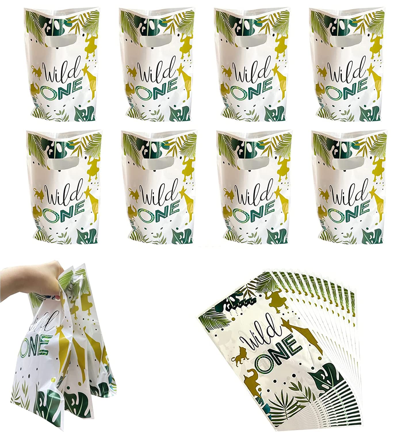 ELECDON Party Favor Bags, 50Pcs Jungle Party Bag, Gift Bag, Jungle Safari Party Favors, Plastic Goodies Candy Treat Snack Bag for Kids Jungle Safari Animal Birthday Baby Shower Holiday Party Supplies