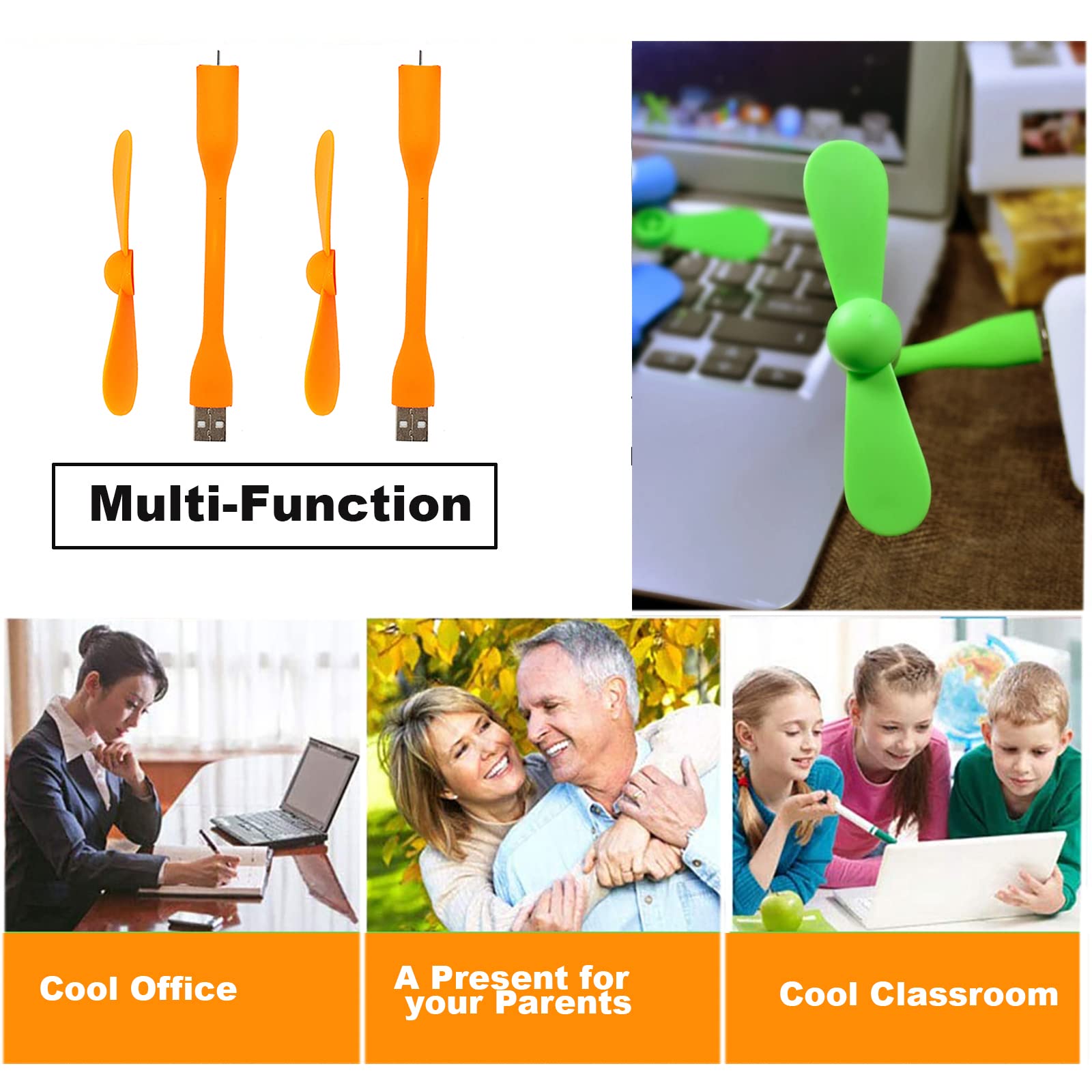 Sokelinn-six Ventilador flexible USB, mini ventiladores de refrigeración portátiles alimentados por USB para banco de energía, portátil, PC, cargador de CA, paquete de 2 (naranja)