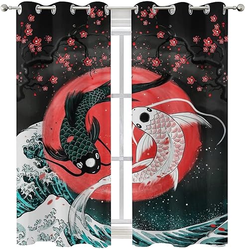 Miniatura 8 de Cortinas de pez para dormitorio, diseño de fantasía, Yin Yang, anime japonés, ondas grandes, flores de cerezo, cortinas opacas con ojales, ahorro de