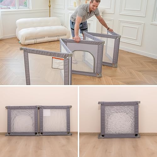 Miniatura 3 de Babelio Corralito plegable para bebés, forma y área ajustables, corralito para bebés y niños pequeños con puerta con cremallera, valla portátil para