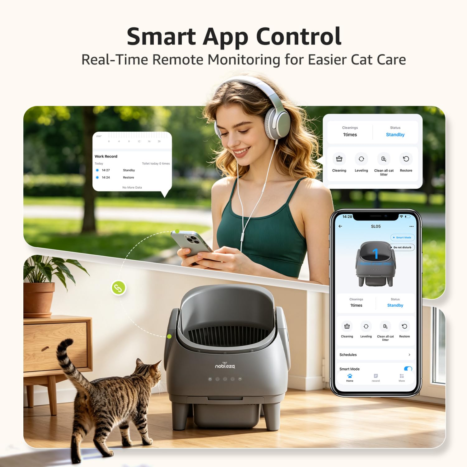 Nobleza Arenero Gatos Autolimpiable Abierto - Arenero Automático Inteligente con Control por App, Multi-Sensores de Seguridad, para Gatos 1-15kg, Incluye Bolsas y Desodorantes, Gris