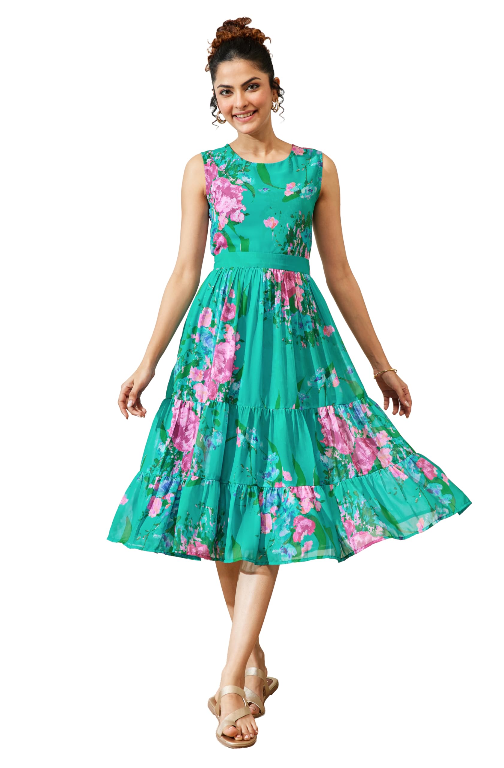 janasya Women's Sea Green Georgette Floral Printed Tiered Dress-picture-11