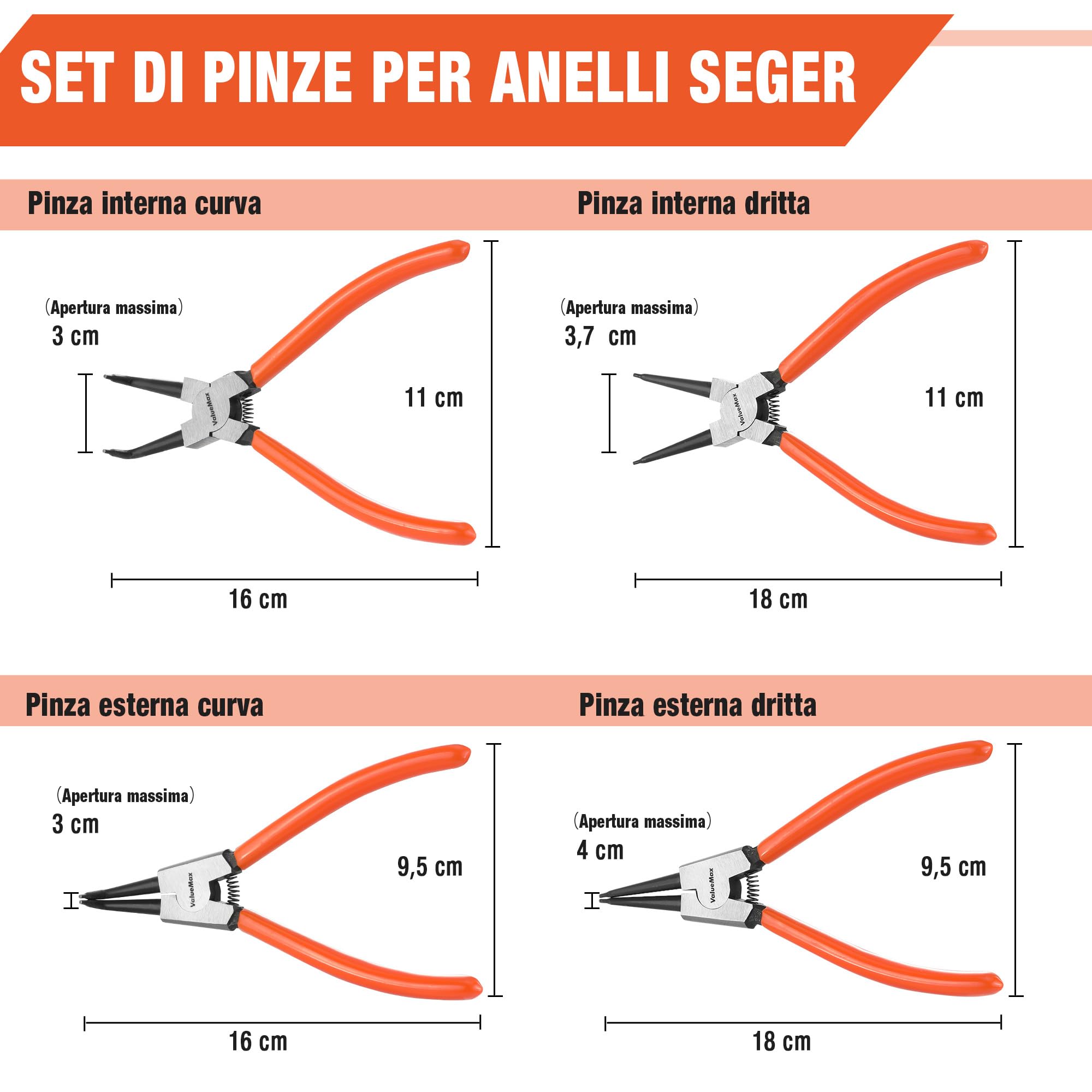 ValueMax Set di 4 Pinze per Anelli di Sicurezza 165mm e 180mm, Pinza per Seeger con Borsa Portatile, Punte Dritte e Curve per Bloccaggio Interno ed Esterno