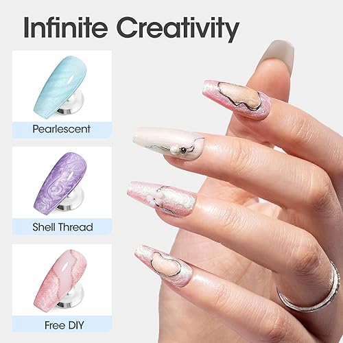 Miniatura 7 de Gellen Esmalte de uñas de gel de perlas  6 colores de esmalte de uñas de gel con purpurina de concha nacarada, morado, azul, rosa, amarillo, verde,