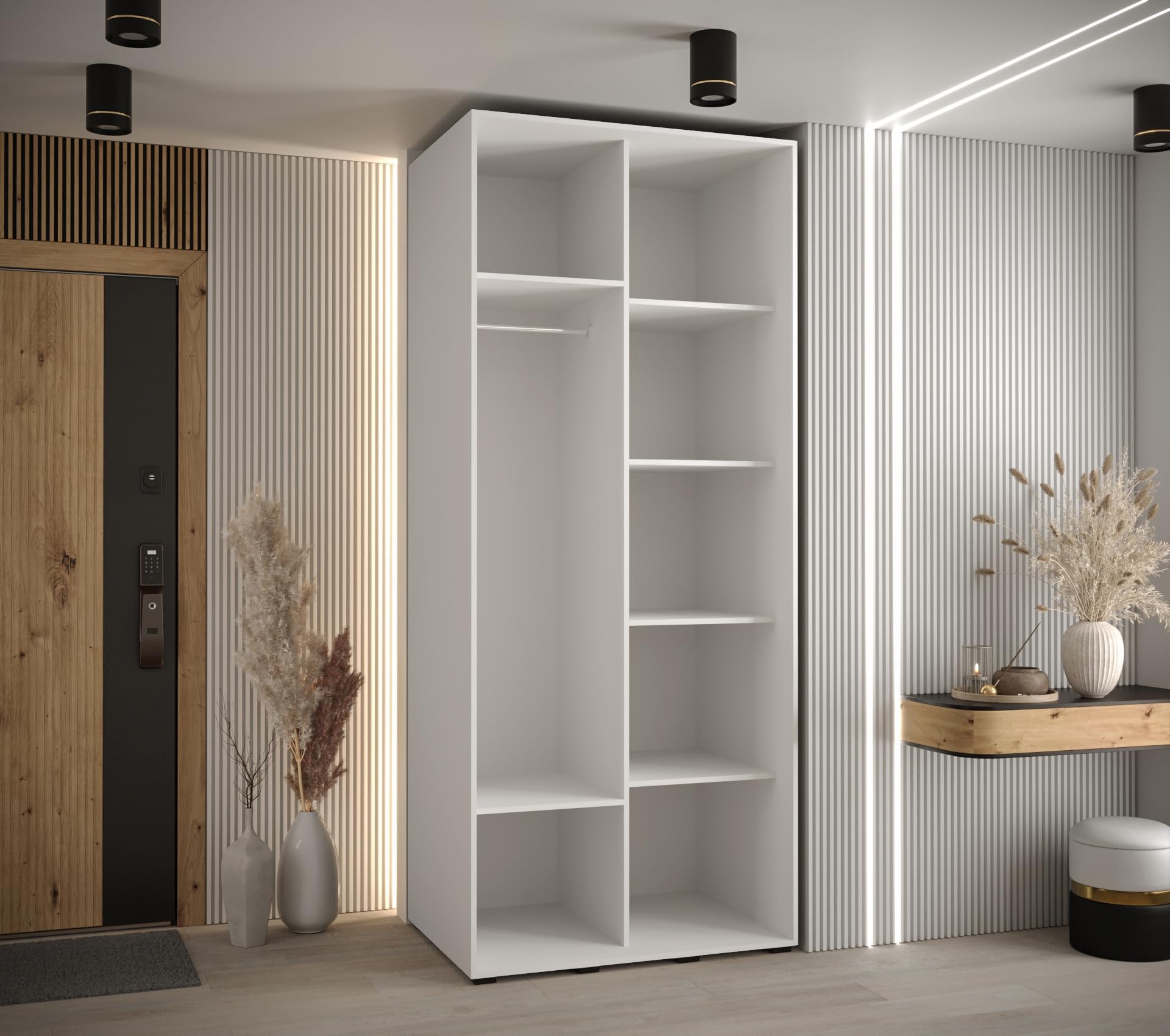 ABIKSMEBLE Davos 1 110 Armario Correderas Doble para Dormitorio - Armario Moderno, Barra y Estantes - 235,2x110x60 cm Blanco Blanco Plateado