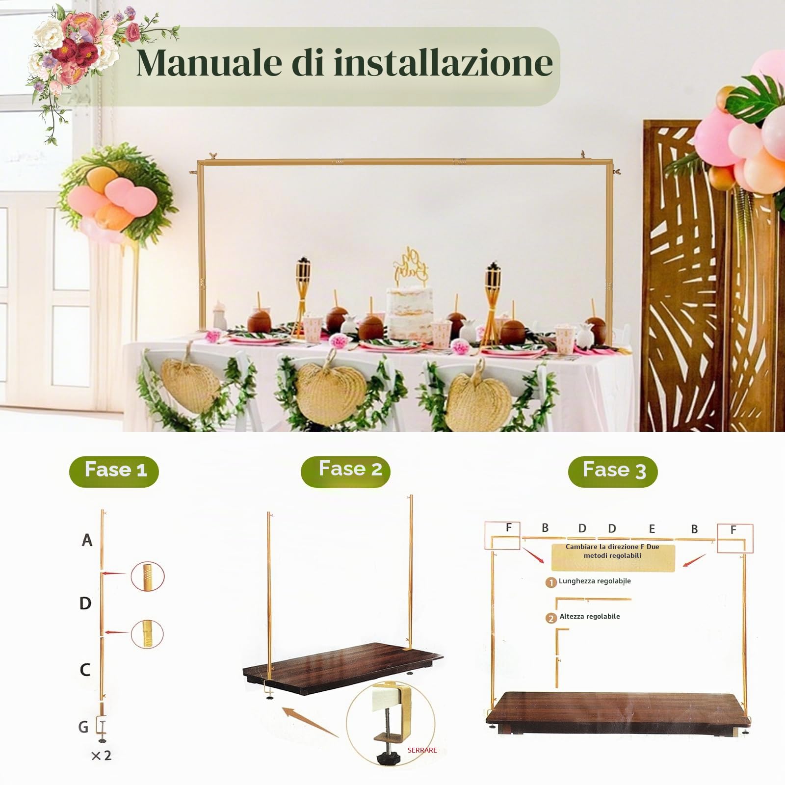 Arco da Tavolo Estensibile, Asta Decorativa da Tavolo con Clip, 120-260 cm, Asta Metallica per Appendere al Tavolo per Natale, Matrimonio, Compleanno, Decorazione per Feste Oro