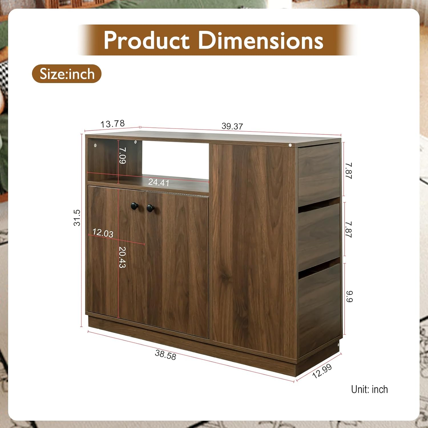 38" Small Kitchen Island with Storage, Bar Table with Storage & Sliding Glass Doors/Drawers, Narrow Island Table for Kitchen Living Room Small Spaces, Wood