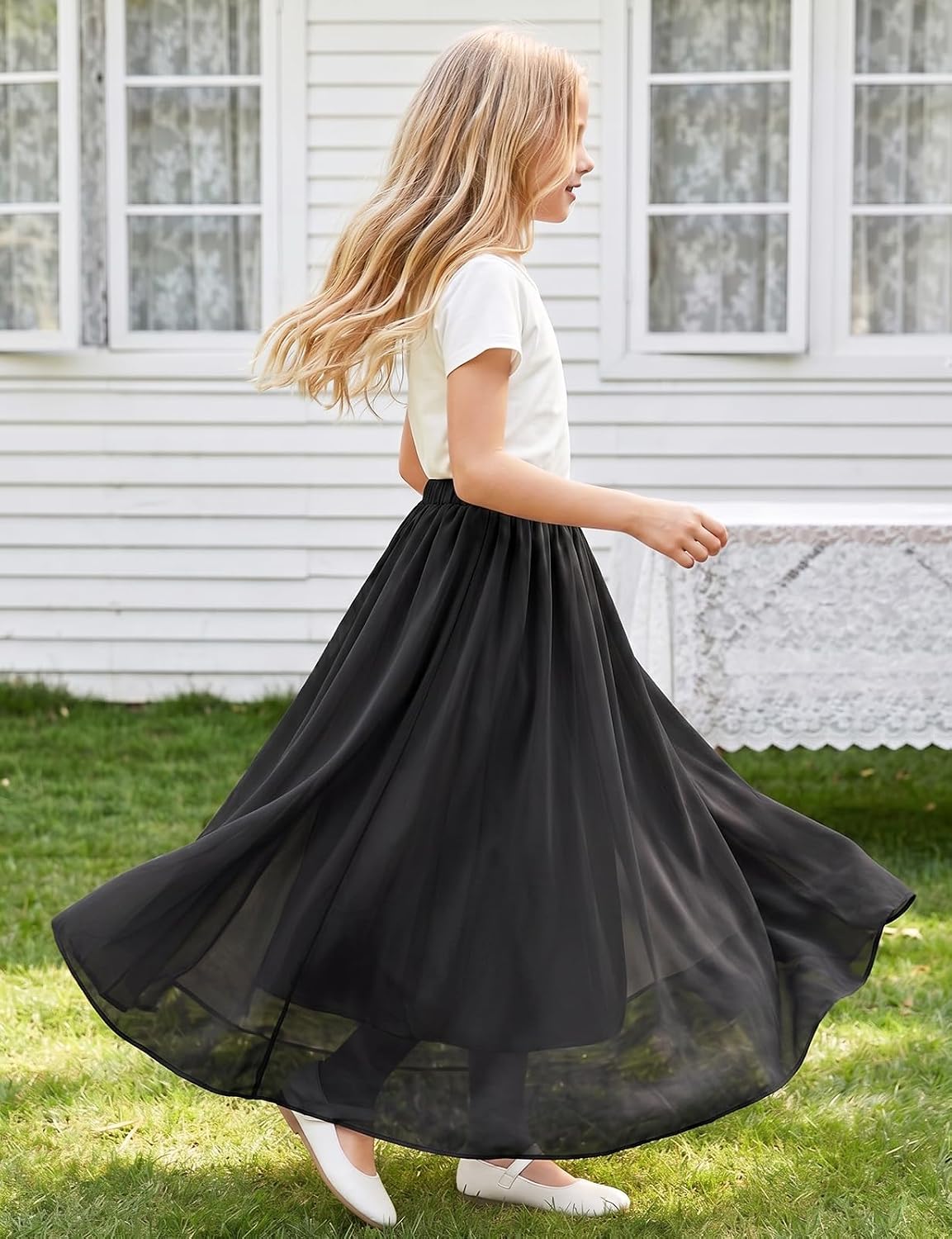 Noomlfish Kids Chiffon Pleated Long Skirts Boho Maxi Party Flower Girl Dress (5-12 Years)
