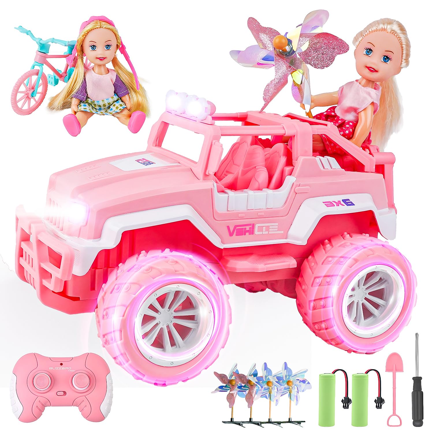 BEZGAR Remote Control Car - 1:16 Scale Pink Jeep RC Cars for Girls, Radio controlled cars 80 Min Playtime 2.4GHz LED Lights Off-Road Vehicle With Doll Playset, Gifts for Kids Age 3-8