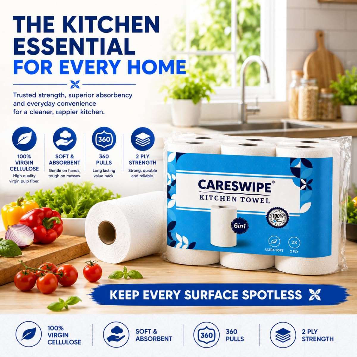 Careswipe Kitchen Tissue Paper Rolls - 6 Rolls -5