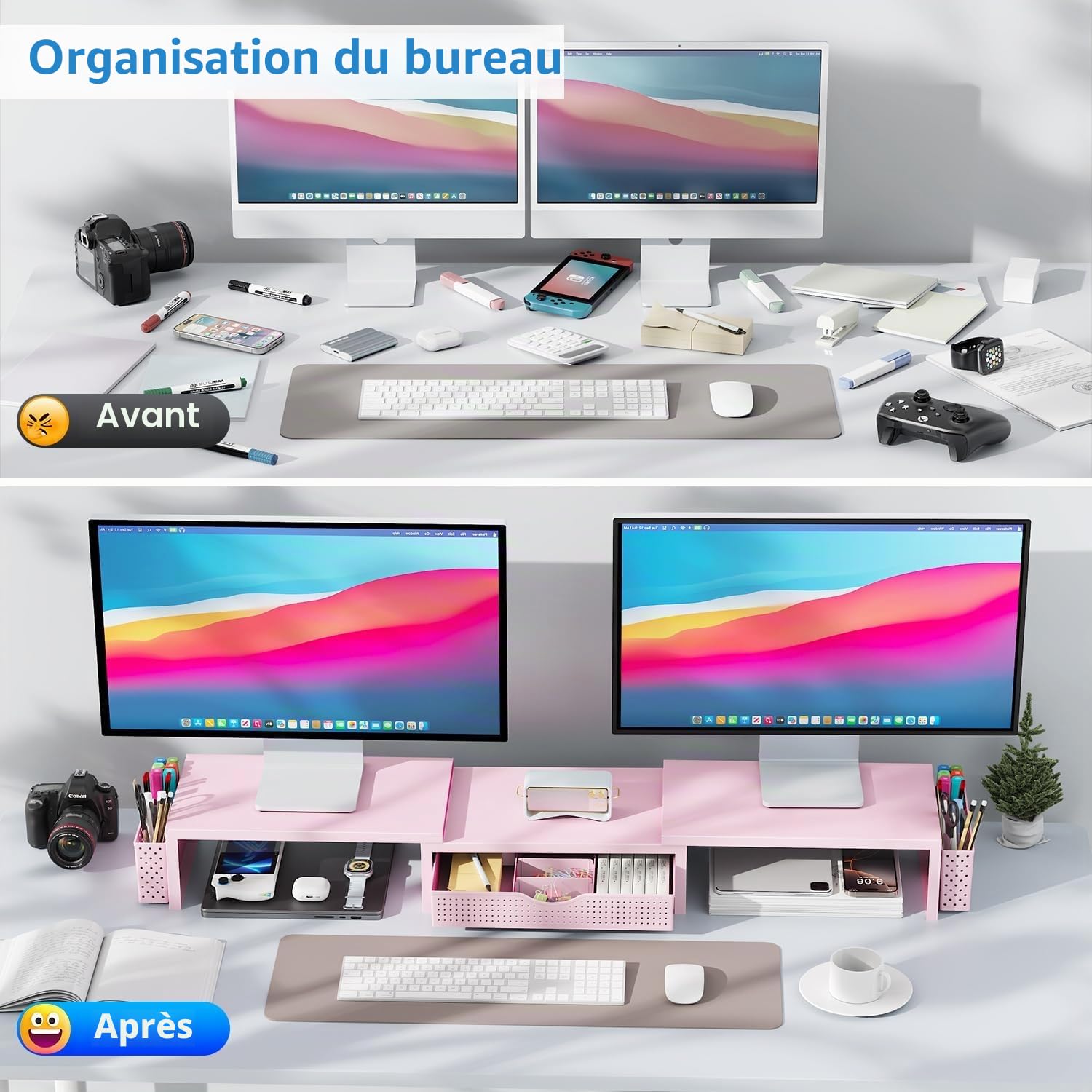 Support élévateur pour double moniteur, accessoires de bureau en métal avec tiroir et 2 porte-stylos, longueur et angle réglables - Support de moniteur d'ordinateur pour écran, ordinateur