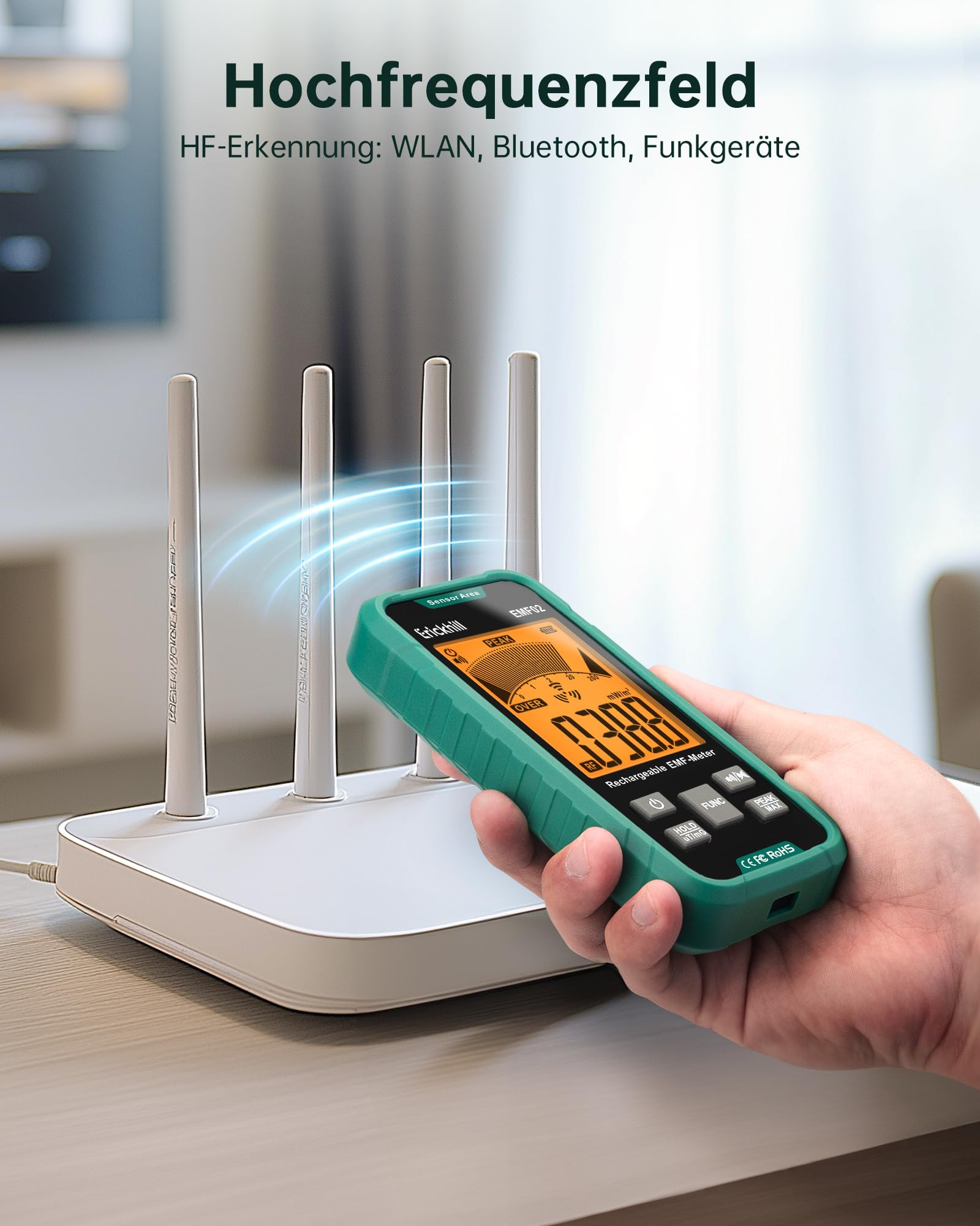 ERICKHILL EMF Messgerät, 3-in-1 Tragbares Elektrosmog Messgerät & Geisterjagd Equipment für RF, EF, MF & WLAN, Strahlungsmesser mit 3-Farben Alarm, Wiederaufladbarer Akku für Zuhause, Büro & Outdoor