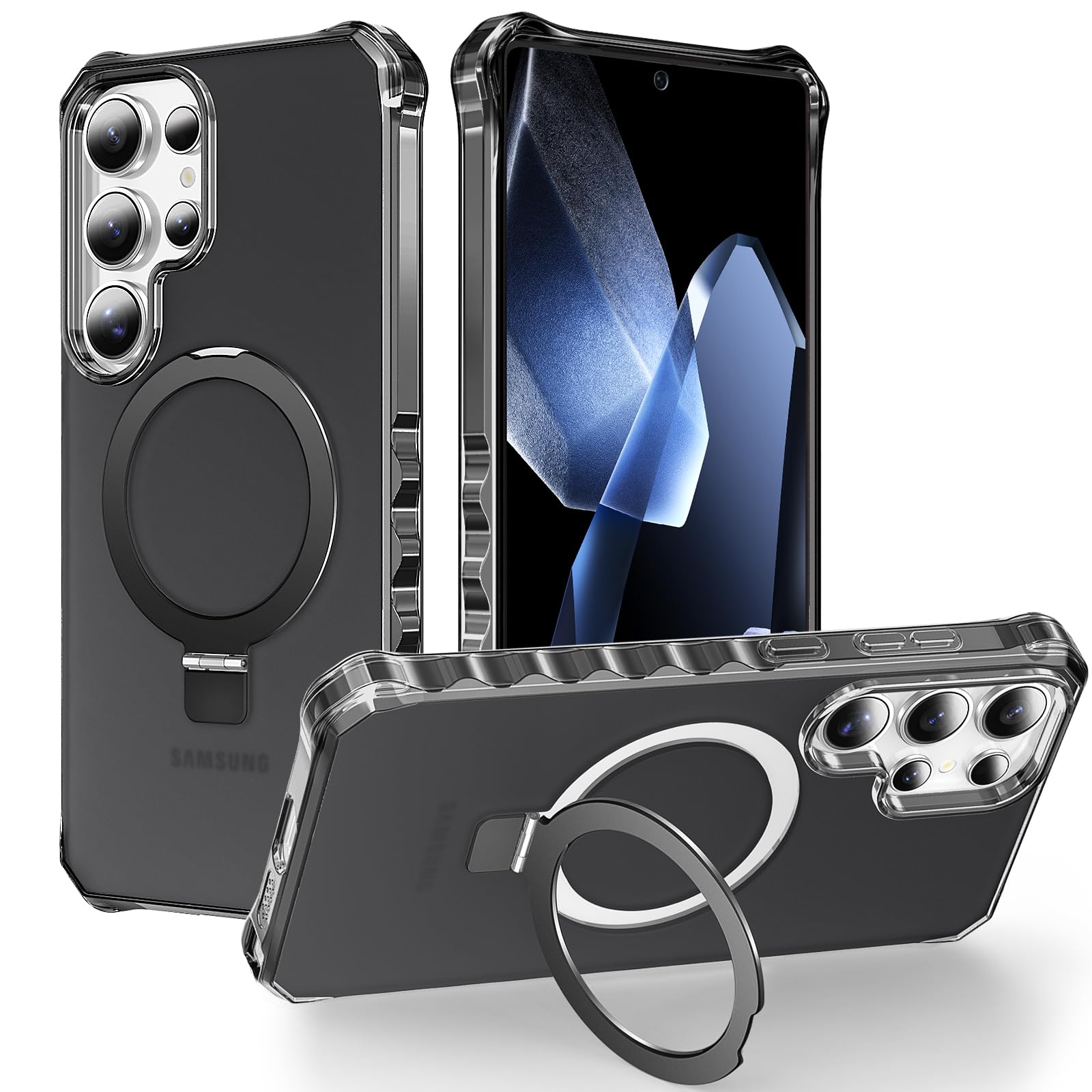 Skyjone for Galaxy S25 Ultra Case, with Magnetic Ring Stand [Curly Edge] [Wireless Charging] [Reinforced Corners] Slim Fit Shockproof Protective Phone