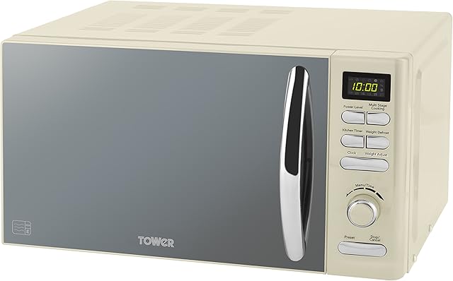 Tower T24019C Infinity Digital Solo Microwave with 6 Power Levels, 8 Auto Cook Options, 60 Minute Timer, Defrost Function, Stylish Mirrored Door, 800 W, 20 liters, Cream