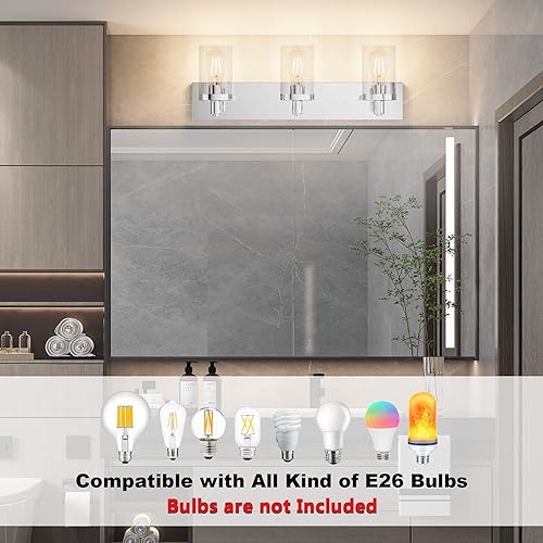 Miniatura 7 de Aipsun Lámpara de tocador cromada para baño, 3 luces, casa de campo, luces sobre espejo con pantalla de vidrio transparente (no incluye bombilla)