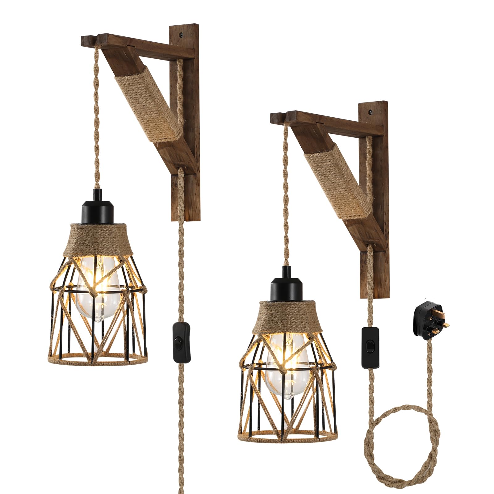 KEESFU Plug-in Wall Lights Set of 2, Wall Sconces for Bedroom with Metal Cage & Wooden Bracket