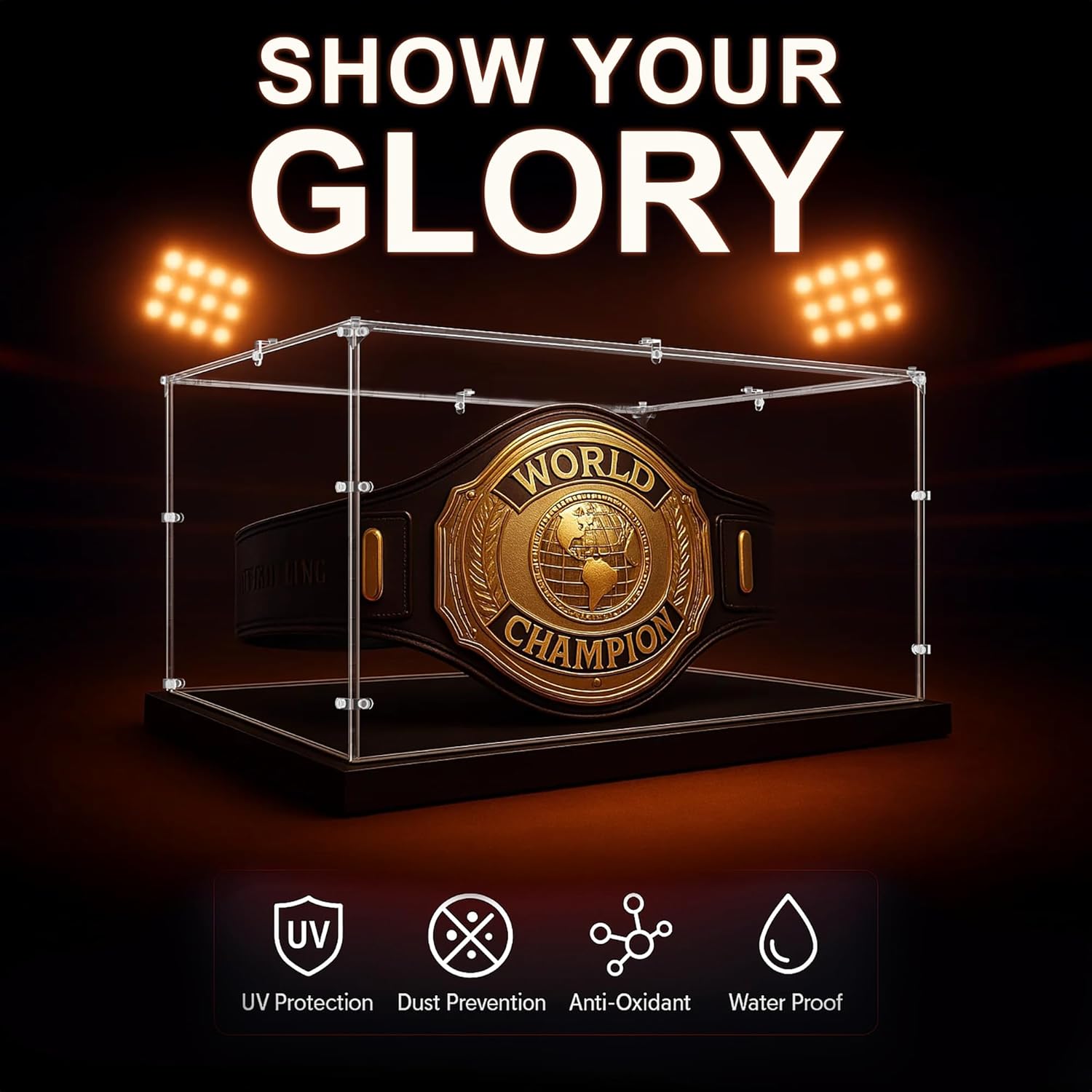 Championship Belt Display Case, 24"x16"x16" Large Acrylic Box with 4mm Ultra-Thick Clear Panel,Includes Belt Stand for Wrestling or Boxing Titles