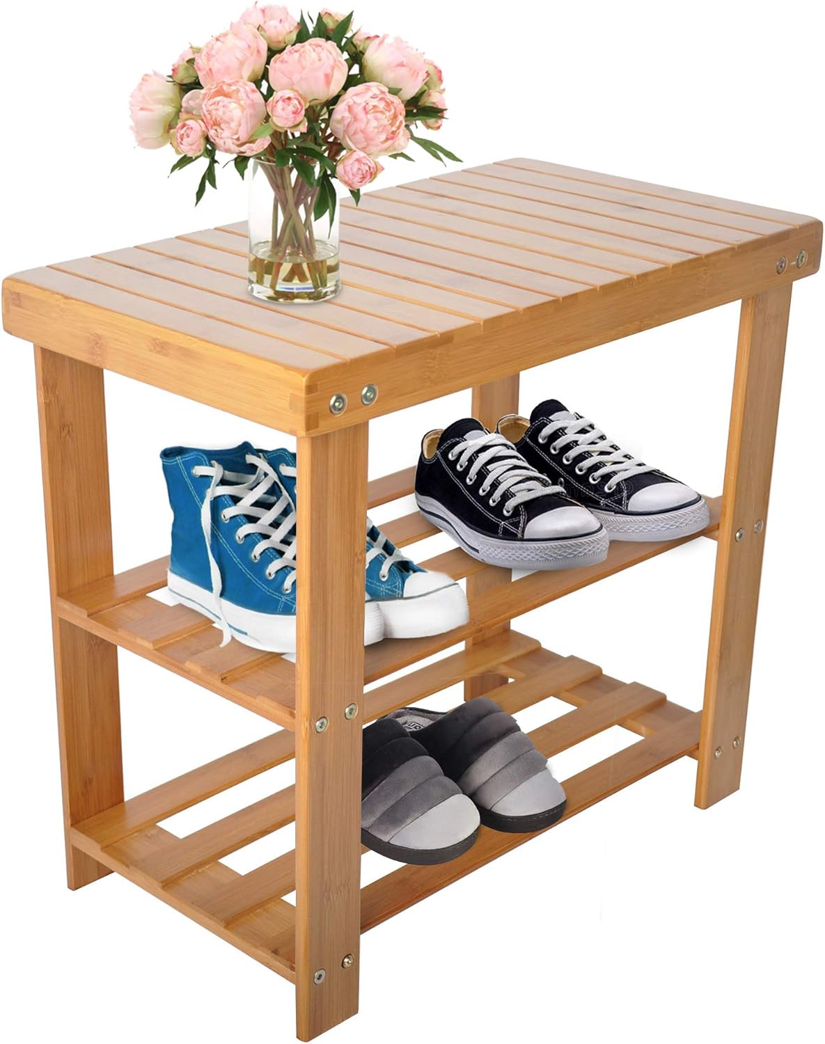 Livebest 3Tier Bamboo Shoe Rack, Shoe Rack Bench,Small