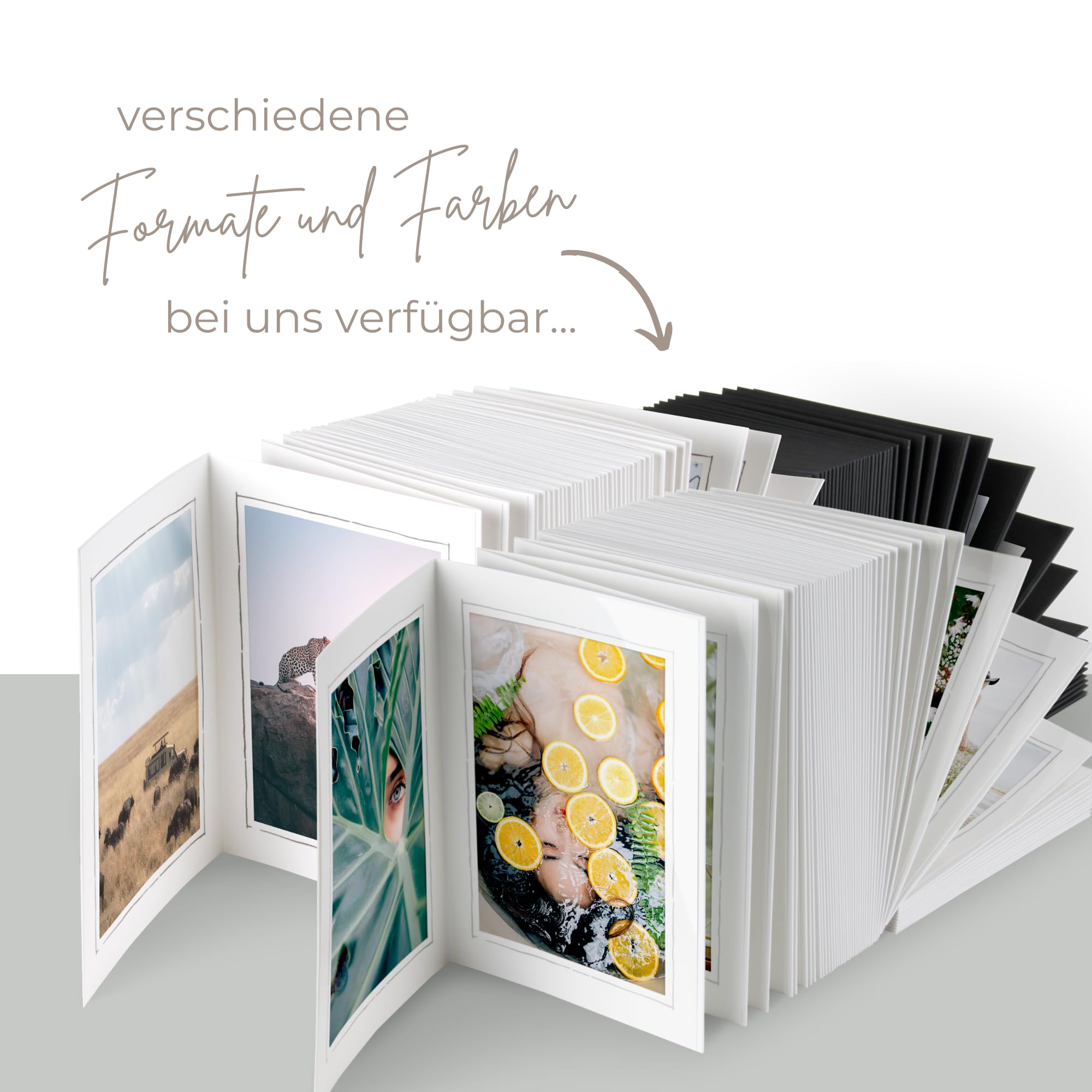 Leinen-Leporello 15x21 cm weiß mit silber Umrandung Passepartout für Fotos 13x18 cm Ziehharmonika Bildercollage Hochzeit