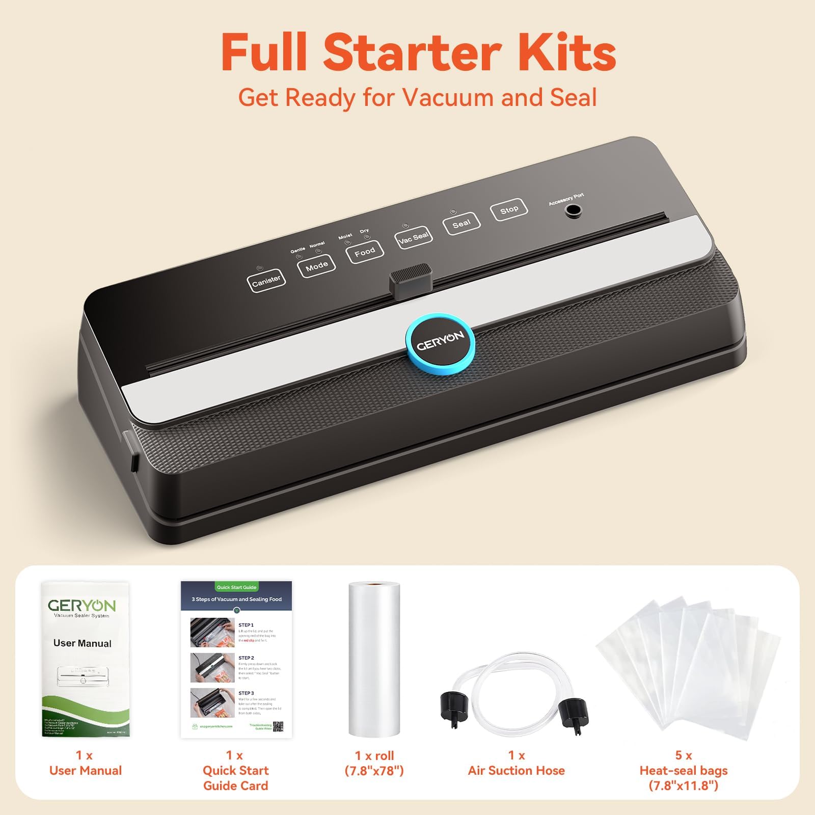 GERYON Wancle Vacuum Sealer Film Sealer for Sous Vide Dry and Moist Food, 110 W, Includes 10 Vacuum Bags