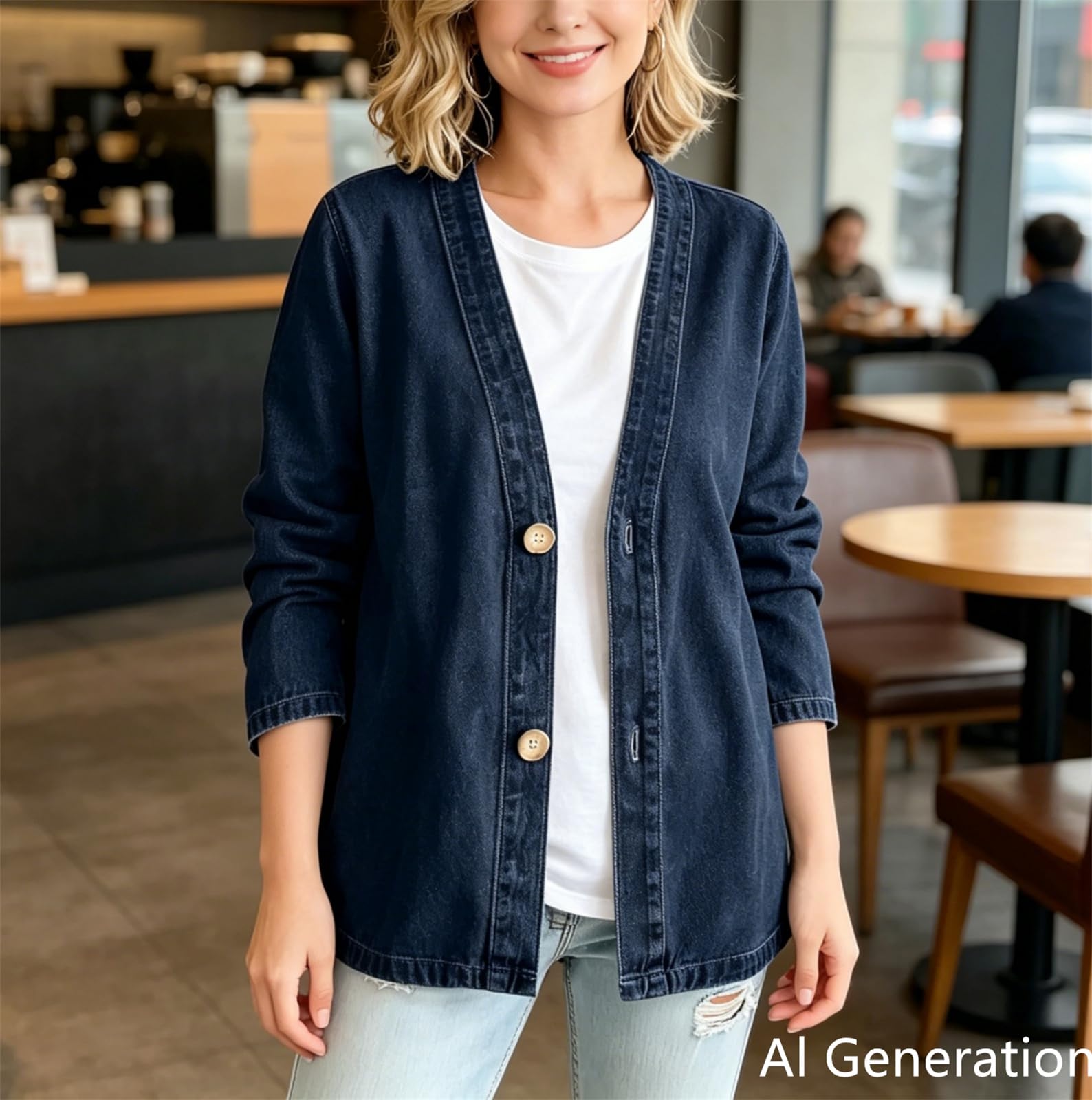 Generico Giacca di Jeans Classica da Donna con Bottoni Frontali – Cardigan in Denim Vintage con Scollo a V