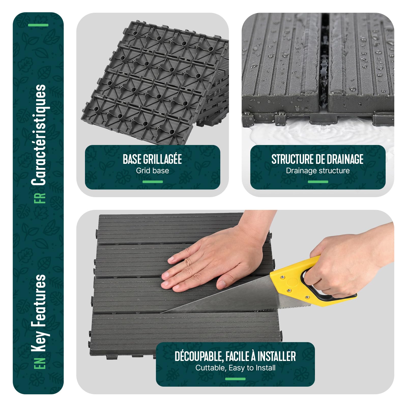 VOUNOT® Set da 22 Piastrelle Esterno ad Incastro 30x30 cm, Pavimento da Giardino Antiscivolo e Drenante, Tagliabili e Resistenti all’Acqua per Terrazza, Patio e Piscina, Antracite