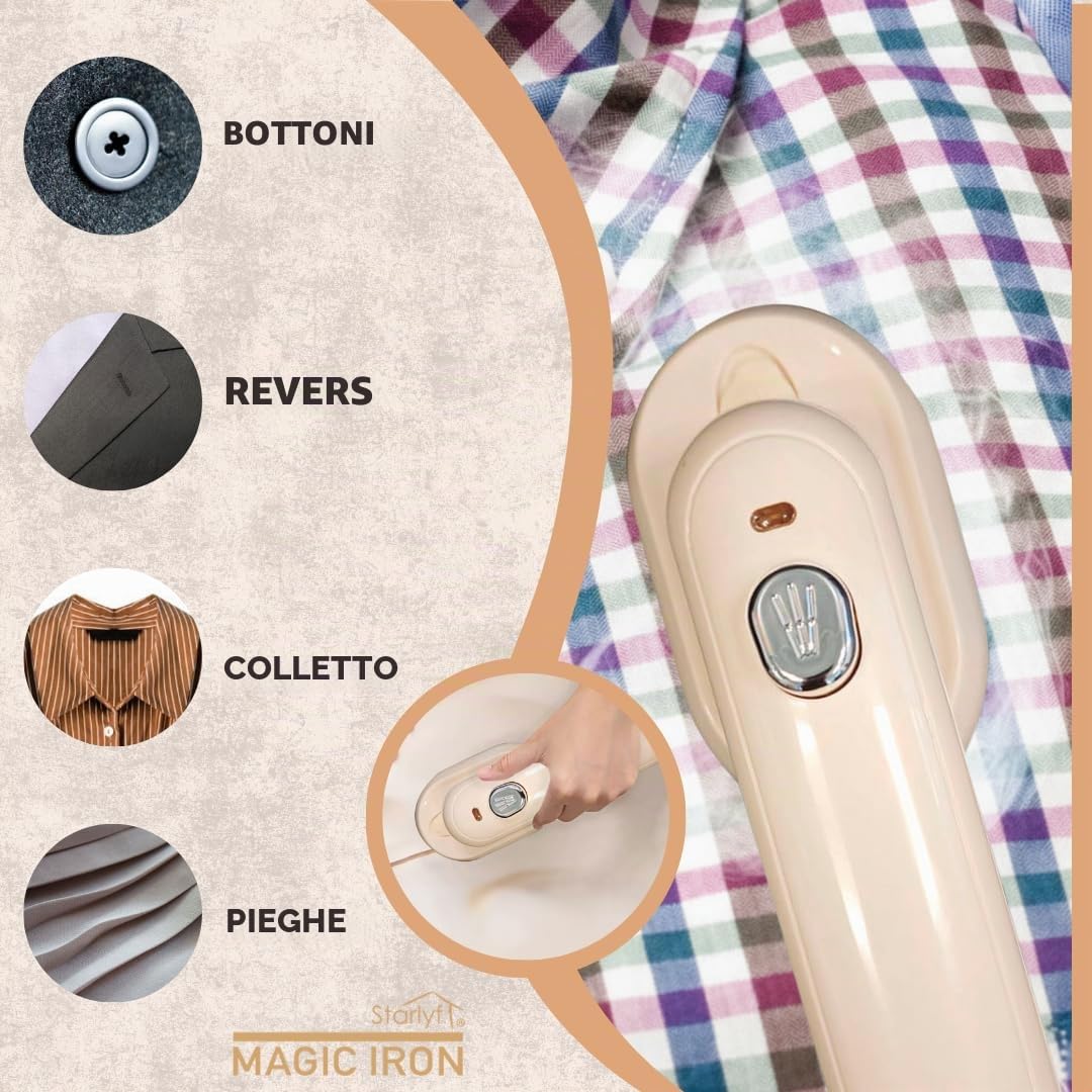 STARLYF Magic Iron Vaporizzatore per biancheria da mano, riscaldamento rapido, 20 secondi, serbatoio 100 ml, doppia funzione a secco e umido, manico girevole a 90°, piastra triangolare, design