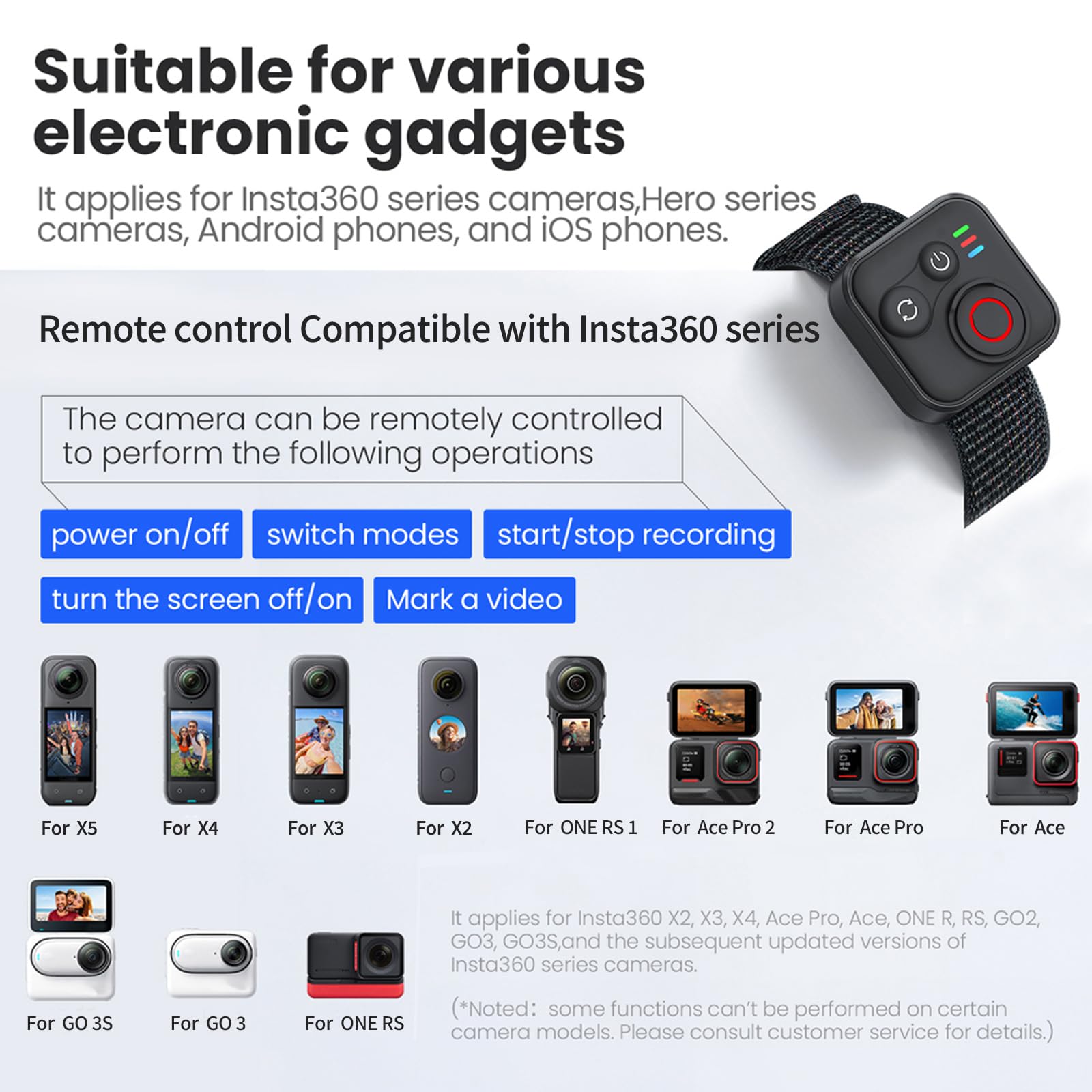 Télécommande Bluetooth Insta360 BT5.1 Type-C Étanche 50 m 96 h Endurance Smartphone Appareil photo Accessoires
