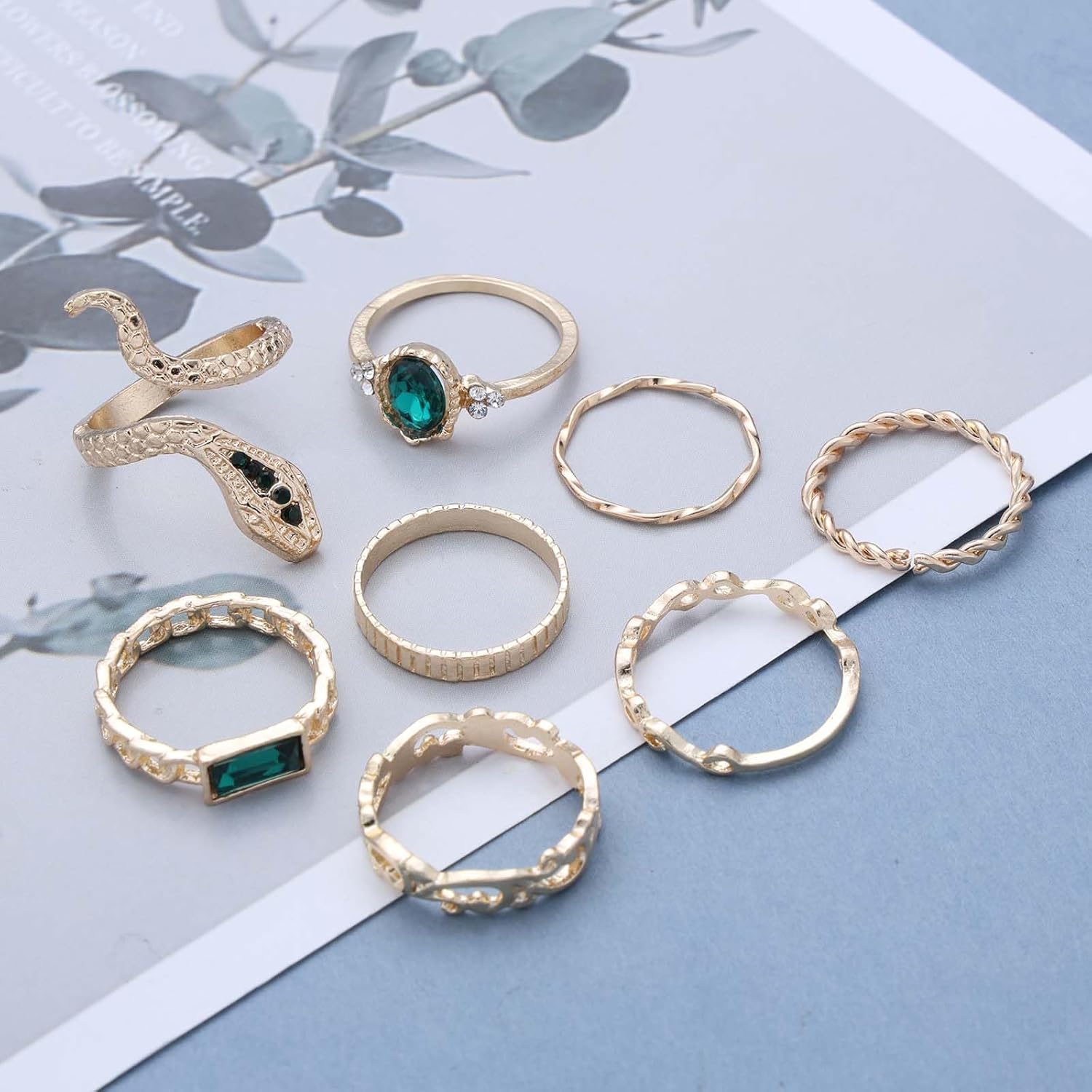 Punk Gold Stackable Knuckle Rings Set Emerald Green Crystal Snake Ring Vintage Stacking Serpent Twist Knot Finger Rings Halloween Jewelry for Women - Image 4