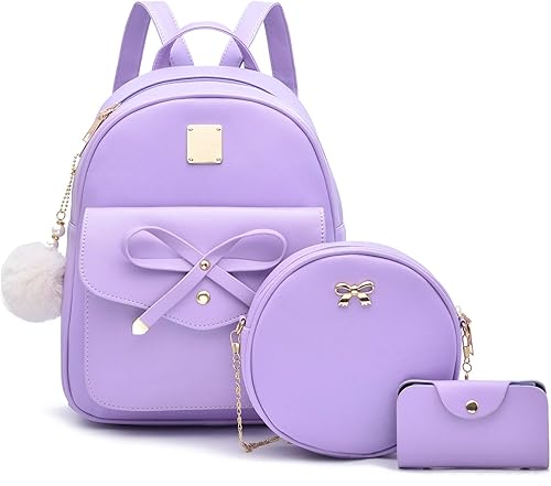 I IHAYNER Mochila de cuero de moda de 3 piezas con lazo para niñas, mochila, bolso para mujer, mochila para damas, bolsa de hombro Backpack Purse,