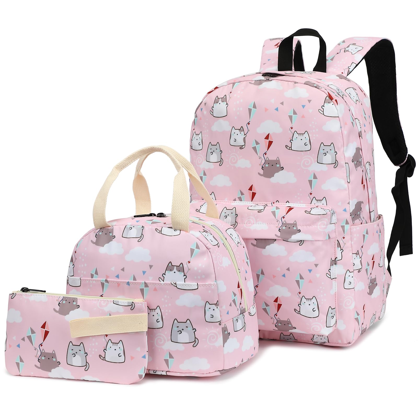 Kouxunt Girls School Backpacks for Kids Teens, 3-in-1 School Bag Bookbags Set with Lunch Bag Pencil Case