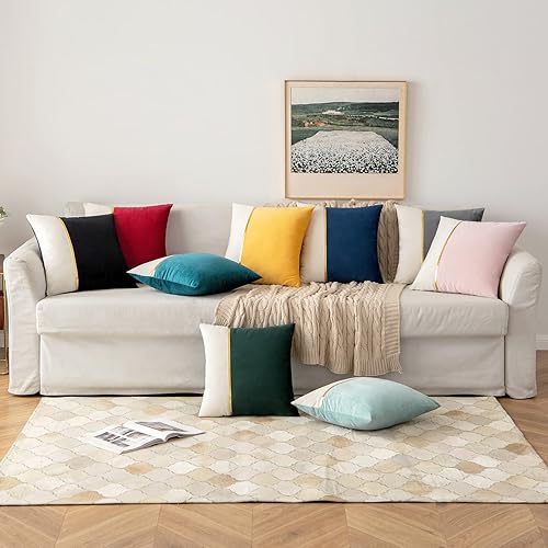 Miniatura 4 de MIULEE Paquete de 2 fundas de almohada decorativas de terciopelo de retazos con cuero dorado cuadradas suaves fundas de cojín para sofá sala de