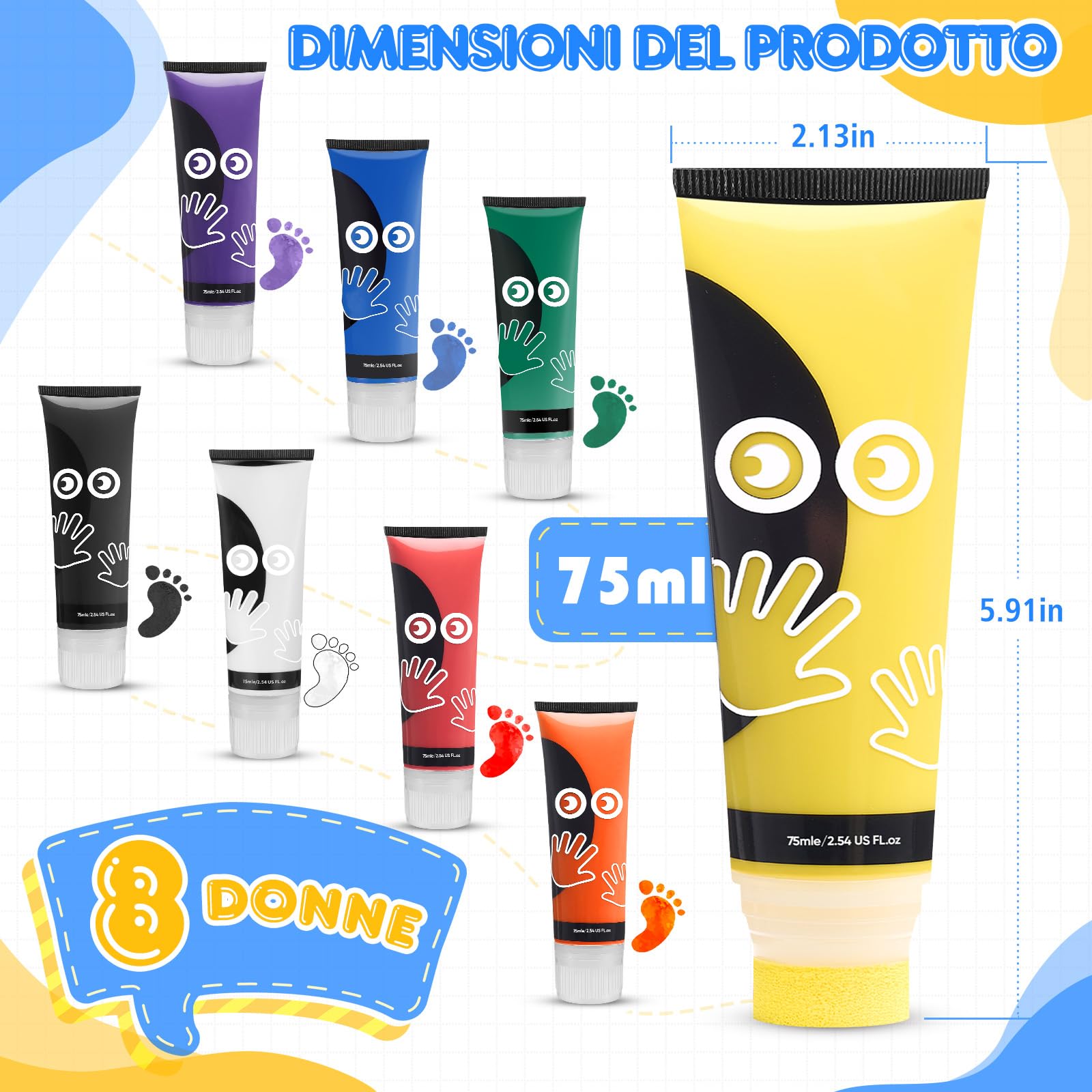 8 Colori Colori a Dita Lavabile, 8x75ml Set di Pittura per Bambini, Inchiostro per Impronte Con Attacco Spugna, Kit impronte Neonato per Regalo Battesimo Bimbo, Artigianato Familiare, Regalo di Natale