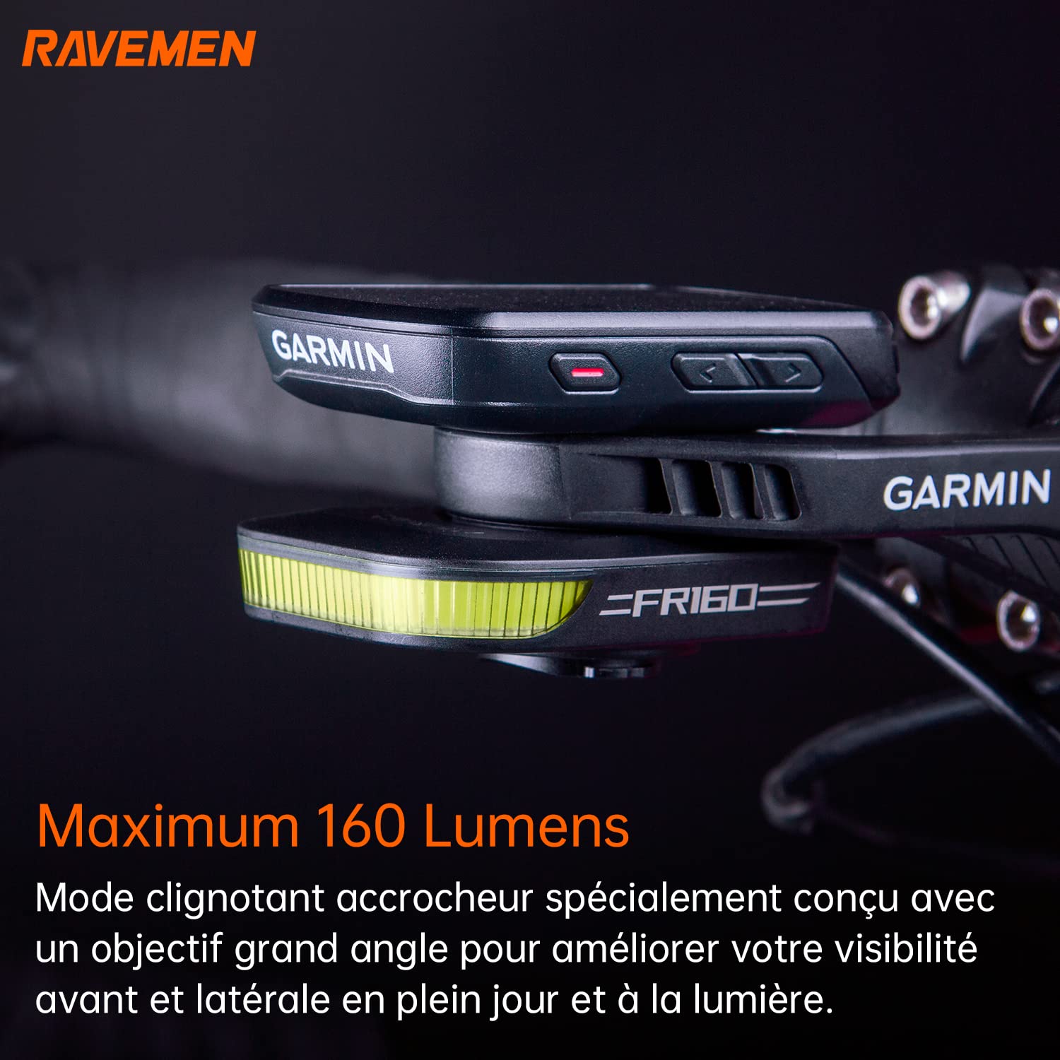 RAVEMEN FR160 Éclairage de Vélo pour Diurne Compatible avec Garmin/Wahoo/iGPSPORT/COOSPO Compteurs Vélo,6 Modes Compteurs/GPS Vélo Accessoires,Étanchéité IPX6 USB C(Protégés par Un Brevet)