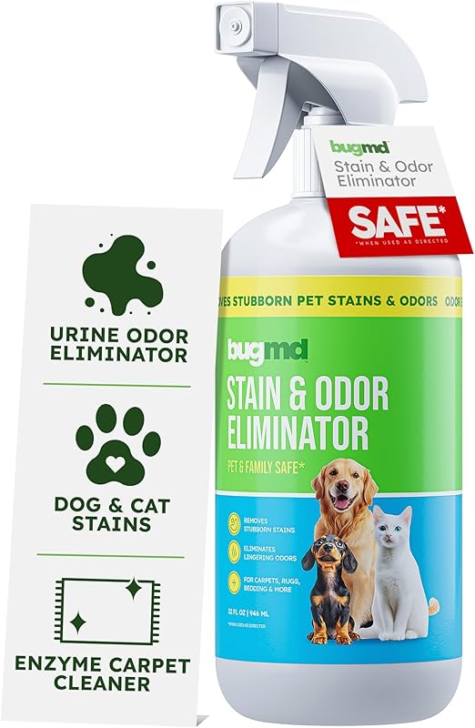 BugMD Pet Odor Eliminator & Stain Remover Spray for Dogs & Cats, 32 oz - Enzymatic Cleaner & Urine Odor Destroyer, Unscented Formula Eliminates Strong Odors