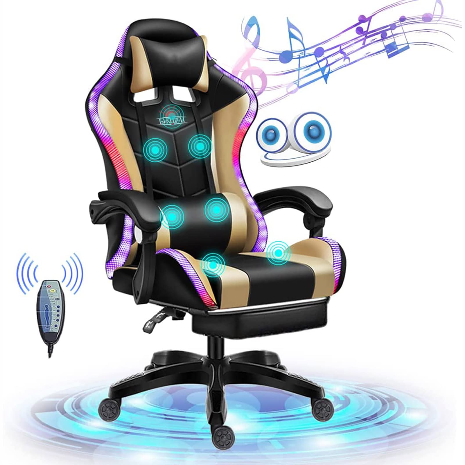 Chaise de jeu Bluetooth et LED RVB : fauteuil gamer inclinable or