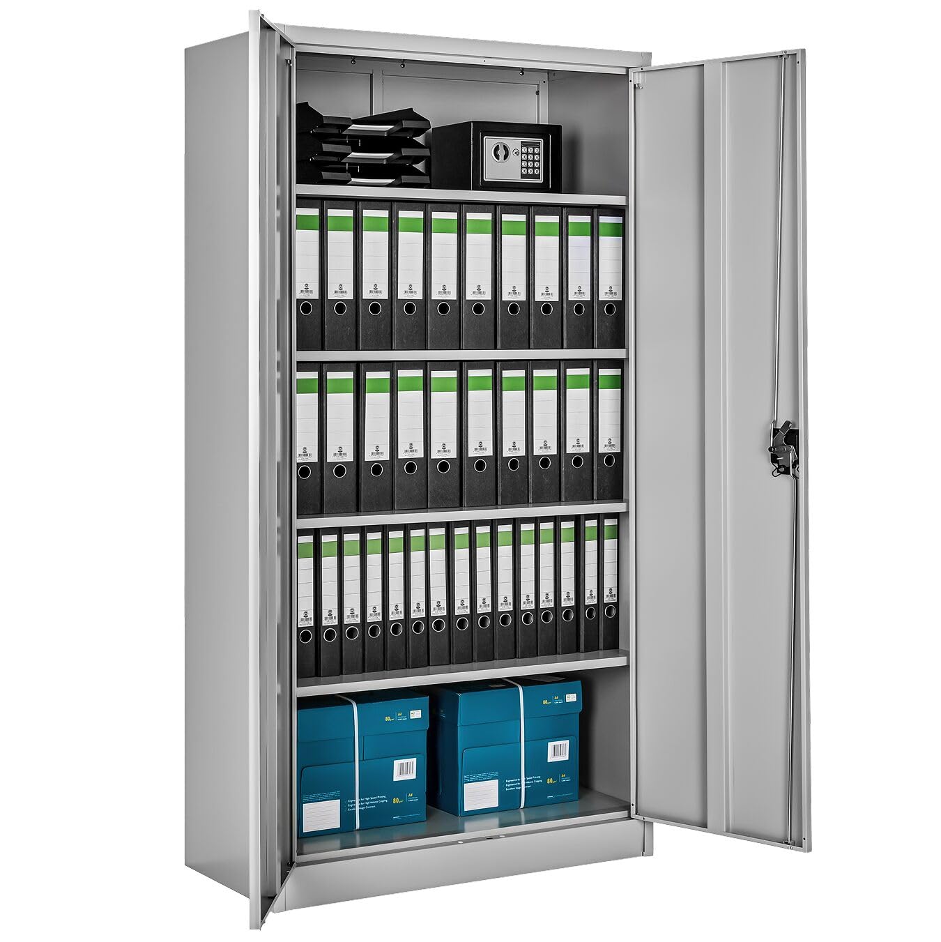 tectake Hinged Door Cabinet, 180 x 80 x 40 cm, with 2 Doors and 5 Shelves, Cabinet with Key Lock, Metal Office Furniture, Archive – Grey