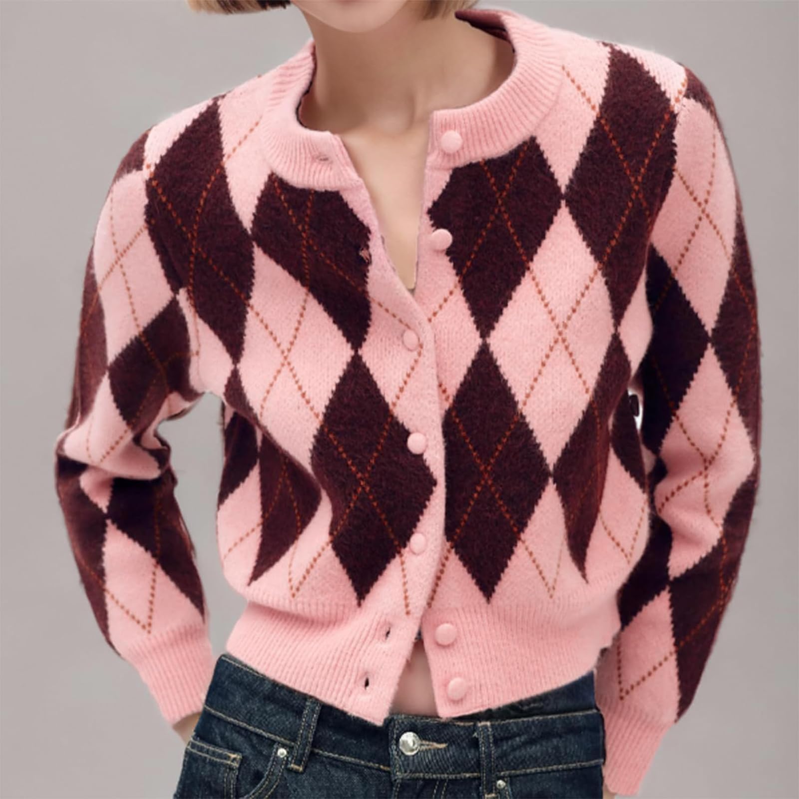 Argyle Preppy Damen-Strickjacke, lässig, langärmelig, mit Knöpfen, Farbblock, für Frühling und Herbst