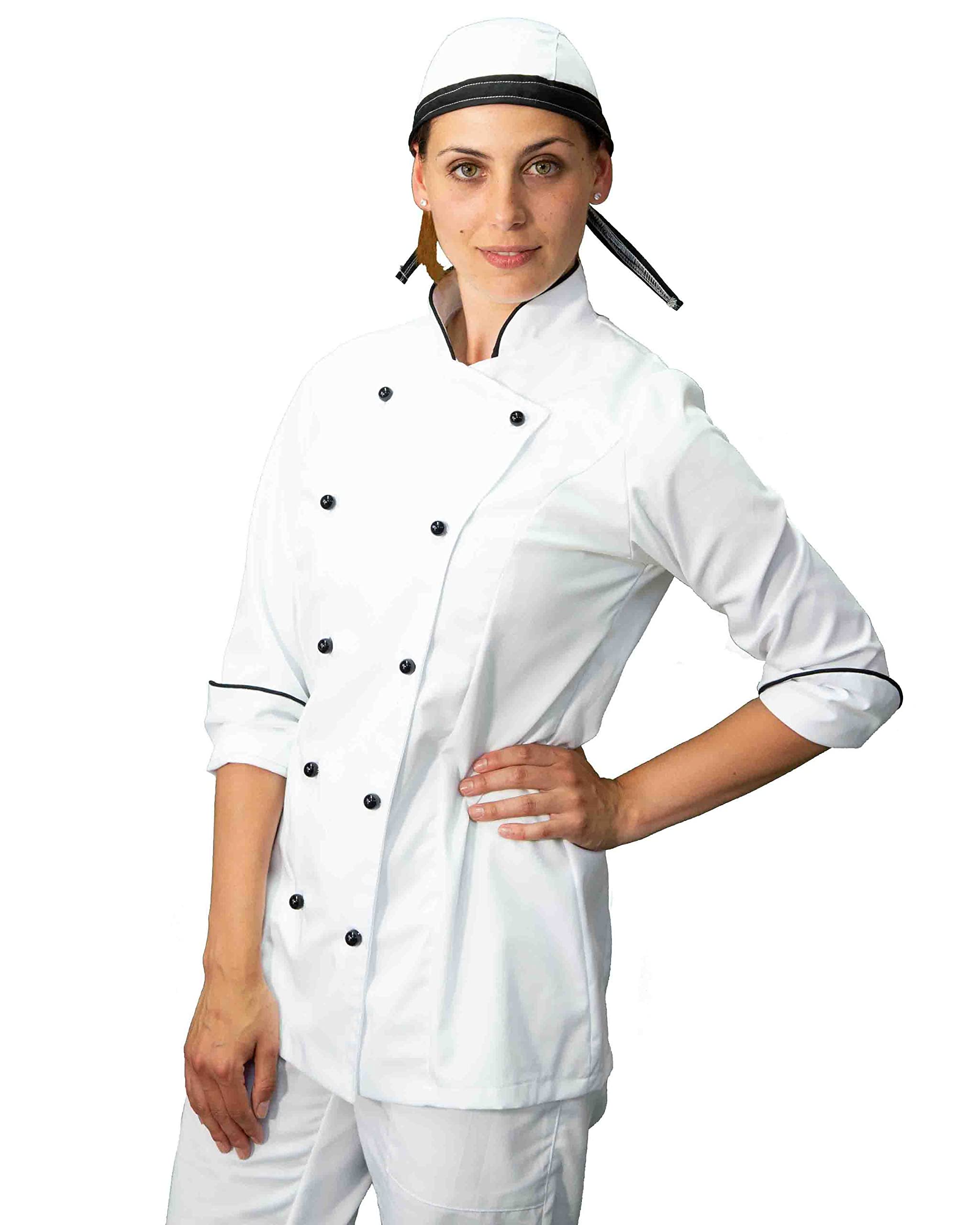 Ricamo Gratuito Divisa Cocina Mujer - Blanca y Negra - Chaqueta, pantalón y delantal - Conjunto para cocina y restaurante - Made in Italy, Color blanco., XL