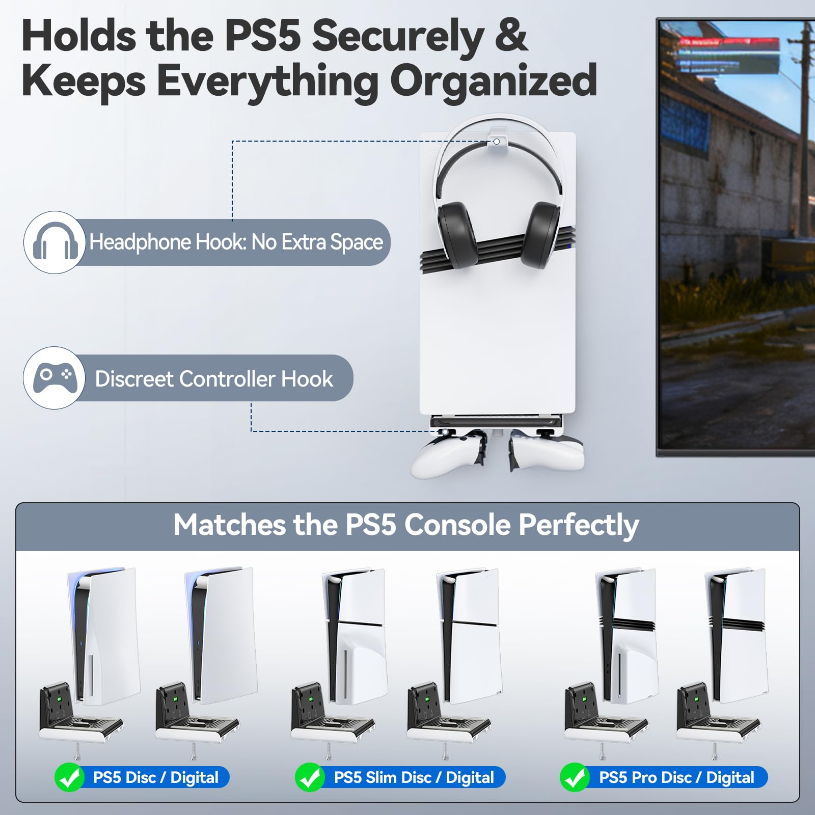 Support Mural PS5 pour Console PlayStation 5 Original/Slim/Pro, Support PS 5 Vertical et Accessoires avec Support Casque, Rangement Espacé-Économique et Organisation Salle de Jeu