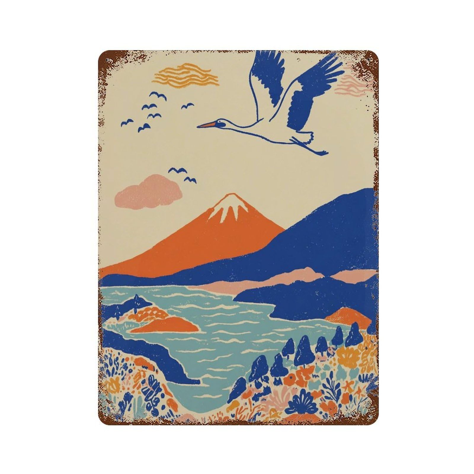 xiaoxiaoshen Japanese Crane Mountain Sun And Lake Landscape Graphic Style Vertical Nature Pap Wall Decor Art Metal Tin Poster Modern Home Decor Art Home Bar Shop Decorations Vintage Sign 40x30cm