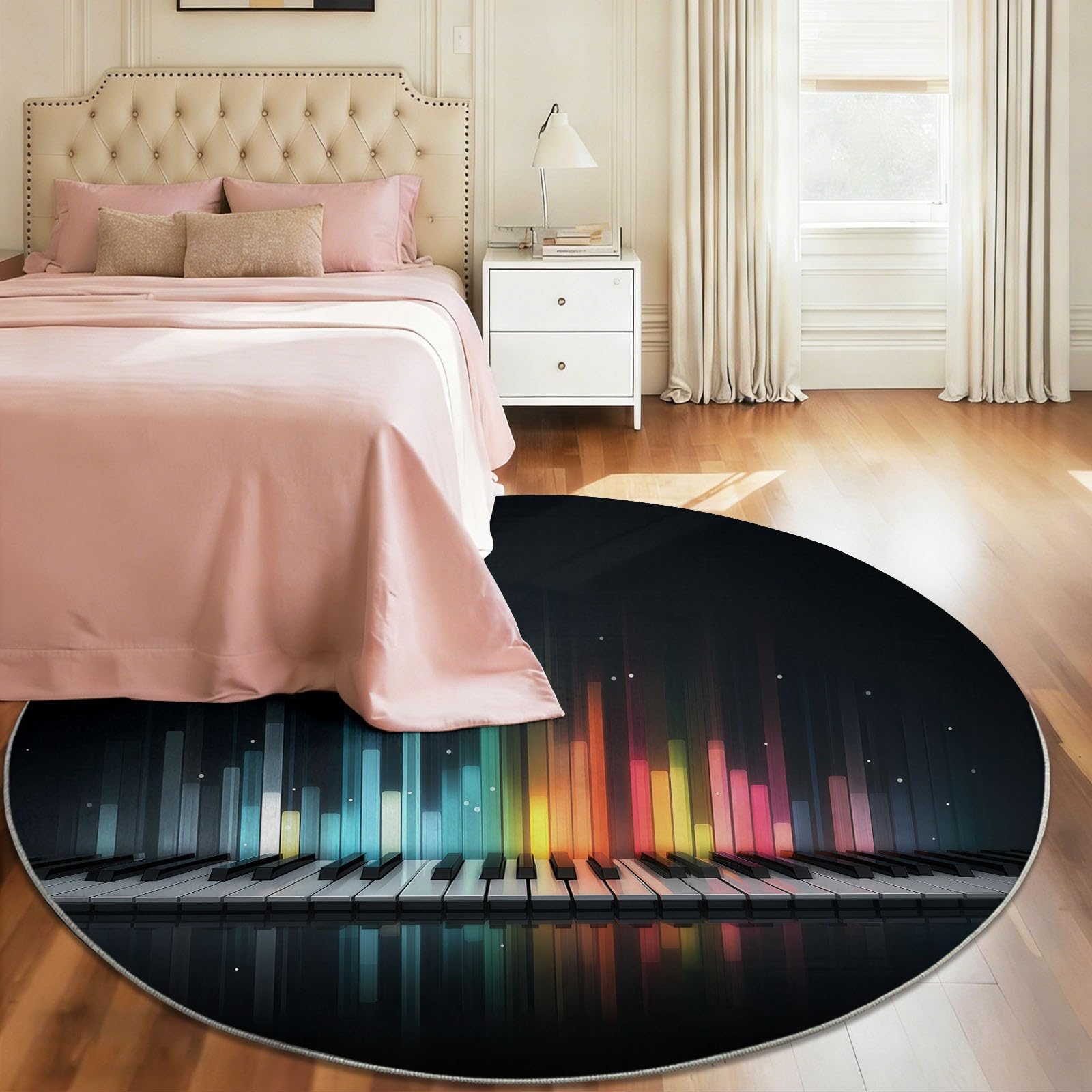 Generisch Teppich Rund 180 cm Musik Keyboard Streifen, Kurzflor Waschbar rutschfest, Runde Teppiche für Wohnzimmer Schlafzimmer Esszimmer Kinderzimmer Künstler, Schwarz