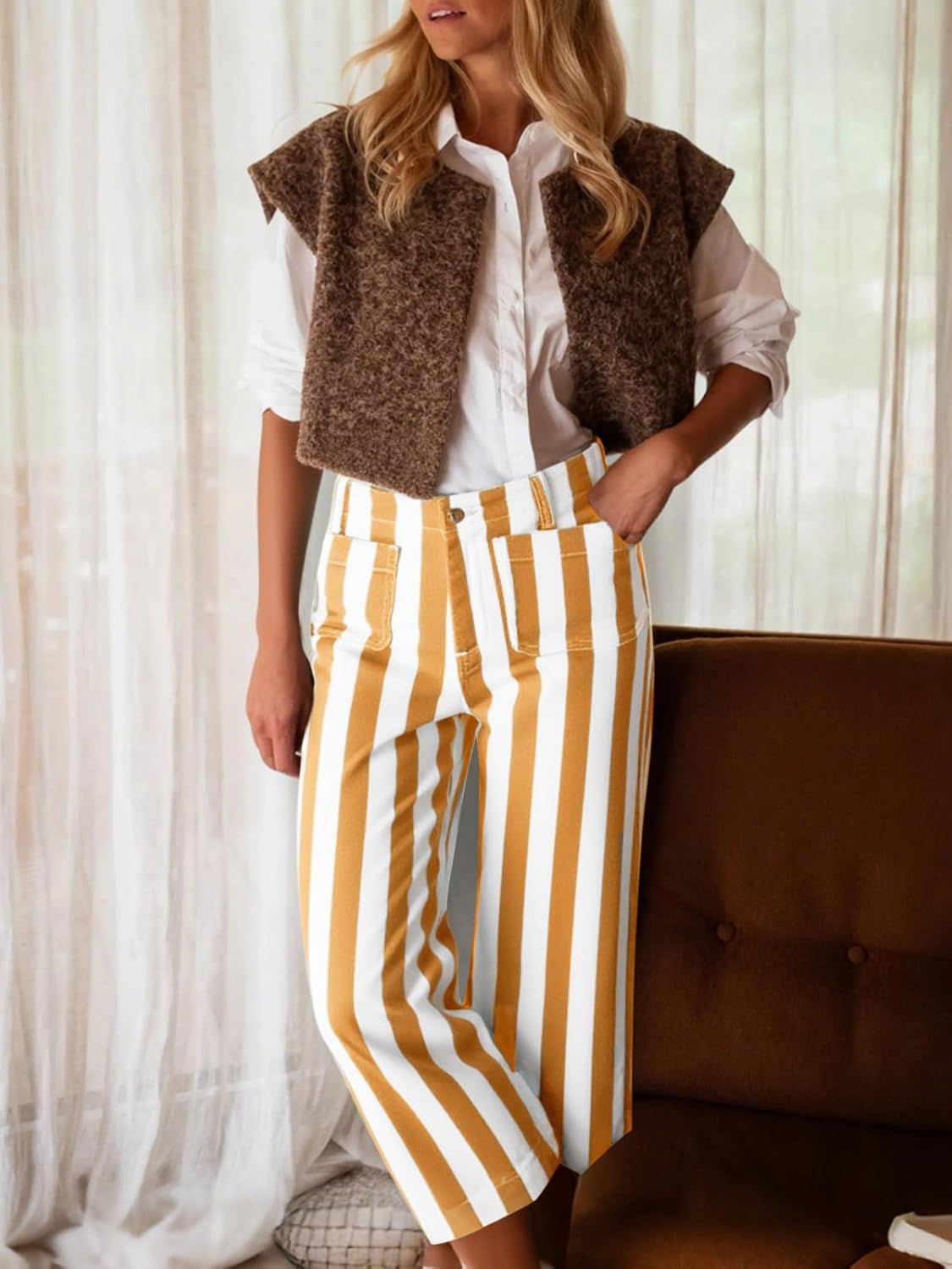 Tankaneo Womens Cropped Striped Jeans Casual High Waisted Stretchy Polka Dots Straight Leg Denim Pants with Pockets - Image 3