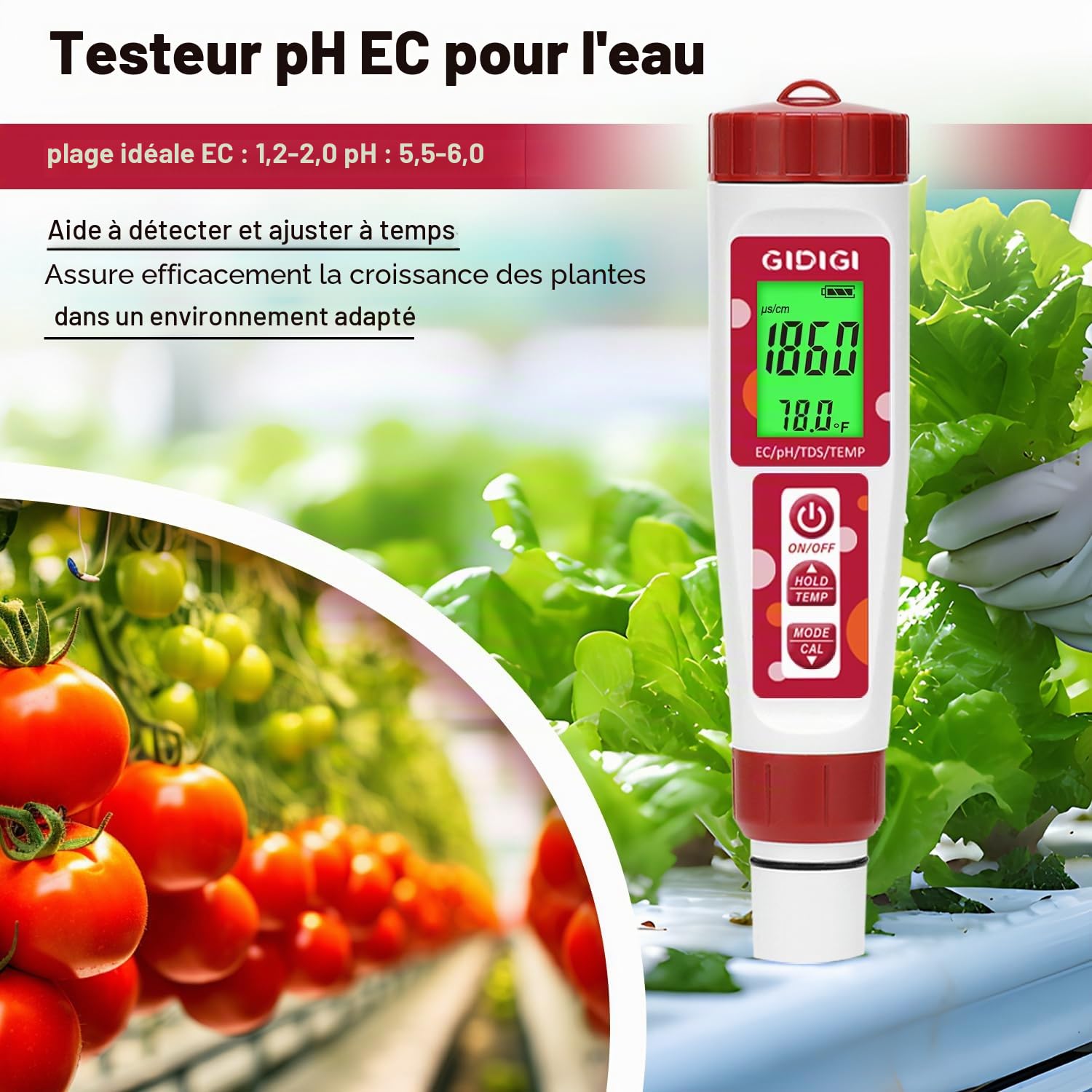 Compteur de pH, testeur de ppm hydroponique, compteur de pH ppm de nutriments, compteur numérique de température TDS EC pH et ppm pour l'eau, aquarium, piscines（manuel d'instructions en anglais）