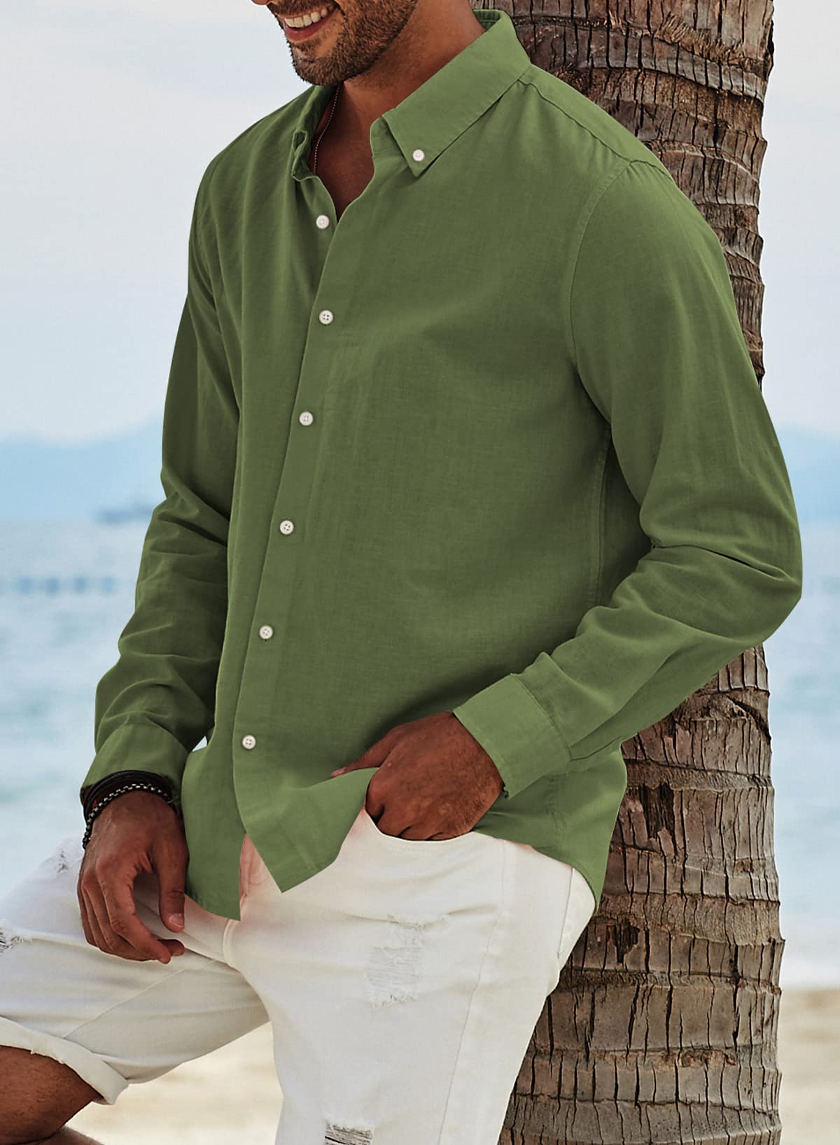 Elegancity Camicia Lino Uomo Manica Lunga Elegante Camicia Uomo Casual con Bottoni Cotone Regular Fit con Bottoni Tinta Unita